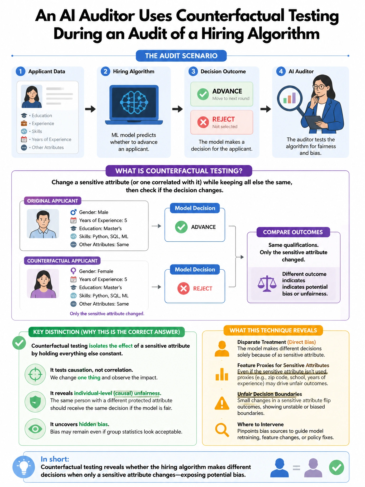Portrait educational infographic teaching: An AI auditor uses counterfactual testing during an audit of a hiring algorithm. Which of the following BEST describes what this testing technique reveals?. Show labeled components, decision flow, and the key distinction that makes the correct answer correct. Clean modern diagram style.