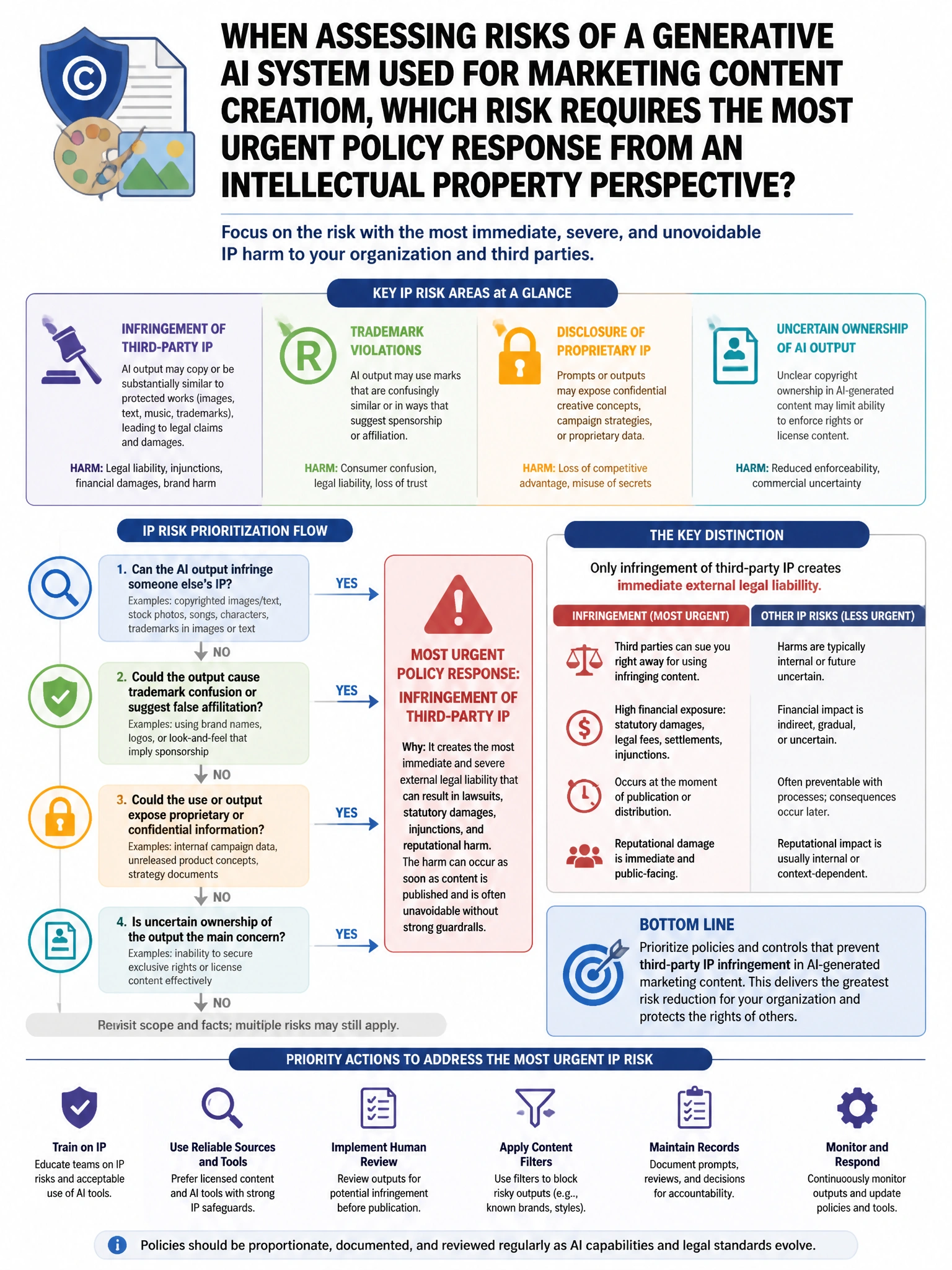 Portrait educational infographic teaching: When assessing risks of a generative AI system used for marketing content creation, which risk requires the MOST urgent policy response from an intellectual property perspective?. Show labeled components, decision flow, and the key distinction that makes the correct answer correct. Clean modern diagram style.