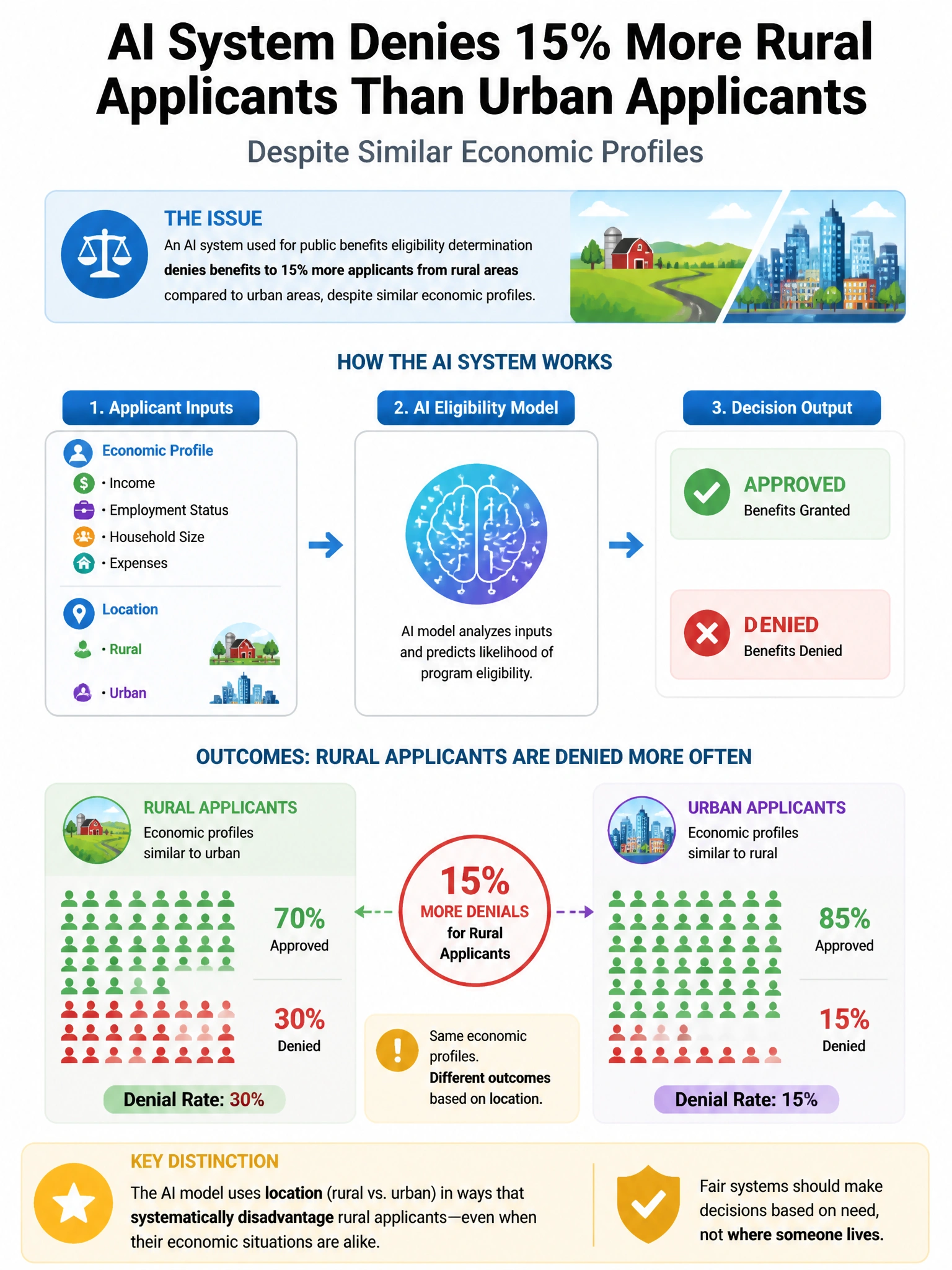 Portrait educational infographic teaching: An AI system used for public benefits eligibility determination denies benefits to 15% more applicants from rural areas compared to urban areas, despite similar economic profiles. . Show labeled components, decision flow, and the key distinction that makes the correct answer correct. Clean modern diagram style.