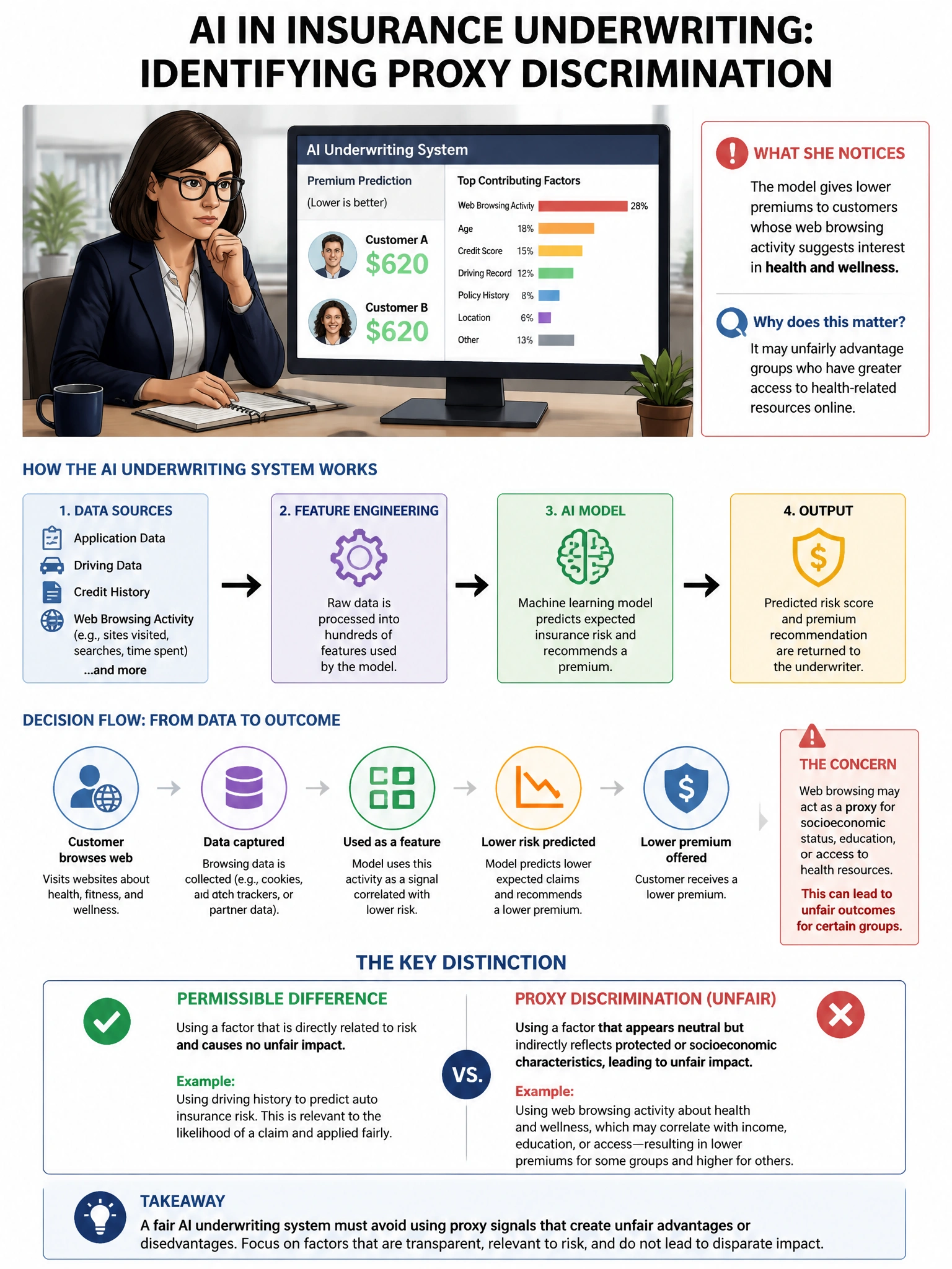 Portrait educational infographic teaching: A risk manager reviewing an AI-powered insurance underwriting system notices that the model assigns lower premiums to customers whose web browsing activity suggests interest in hea. Show labeled components, decision flow, and the key distinction that makes the correct answer correct. Clean modern diagram style.