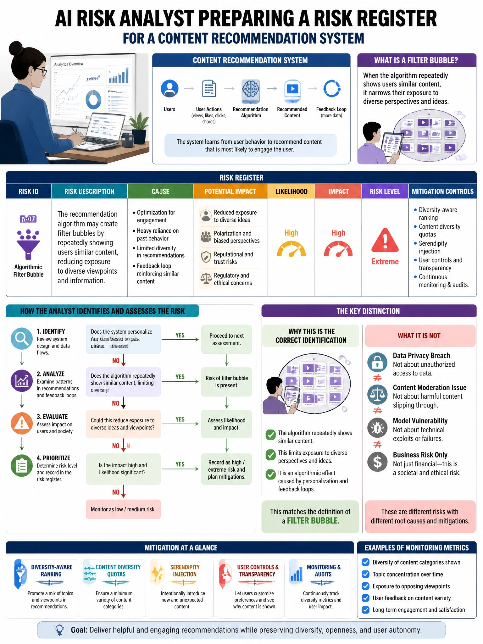 Portrait educational infographic teaching: An AI risk analyst is preparing a risk register for a content recommendation system. The analyst identifies that the algorithm may create filter bubbles by repeatedly showing users. Show labeled components, decision flow, and the key distinction that makes the correct answer correct. Clean modern diagram style.