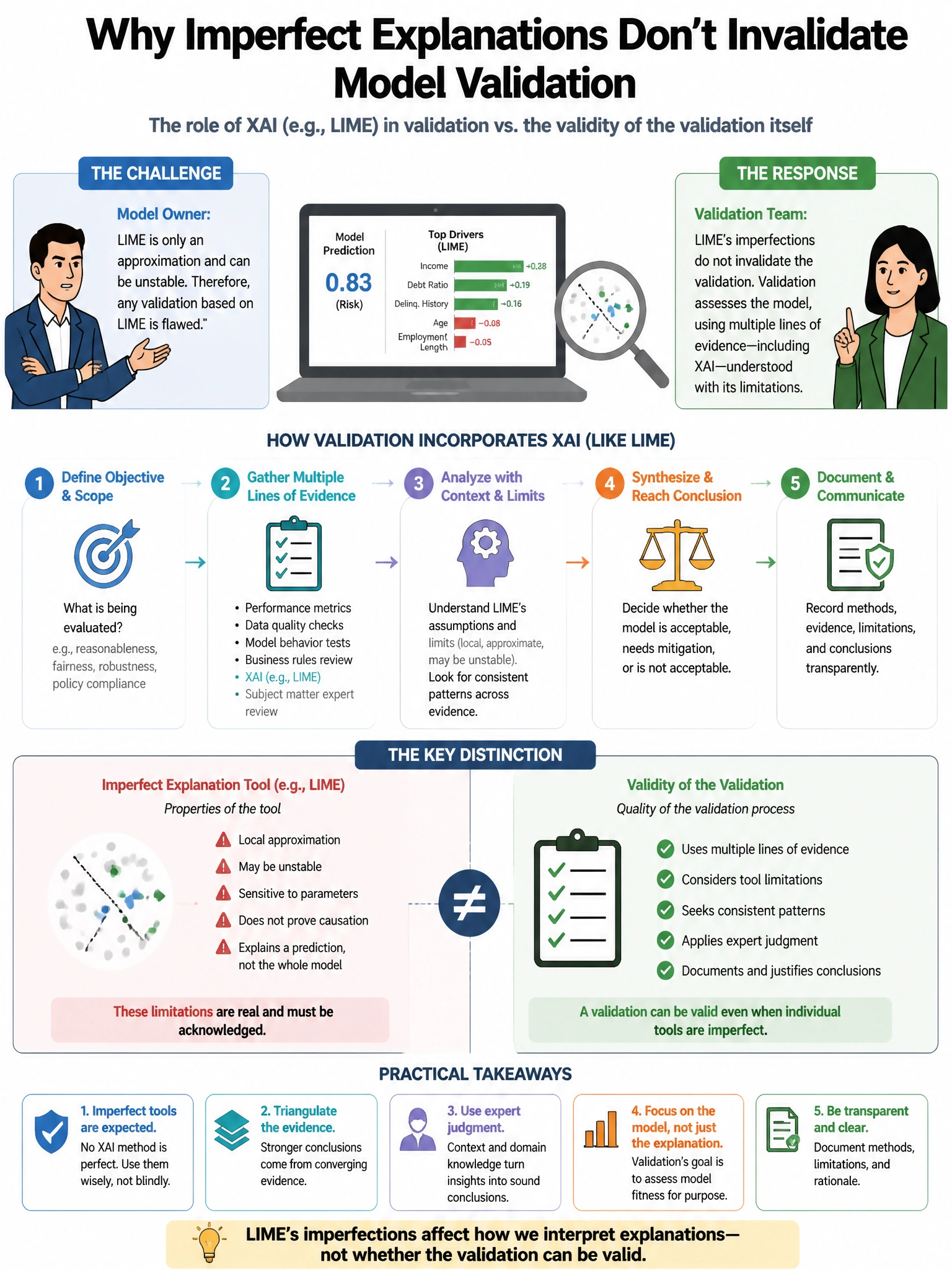 Portrait educational infographic teaching: A model validation team is challenged by a model owner who argues that an explainable AI technique (LIME) used during validation is itself imperfect and therefore the validation fi. Show labeled components, decision flow, and the key distinction that makes the correct answer correct. Clean modern diagram style.