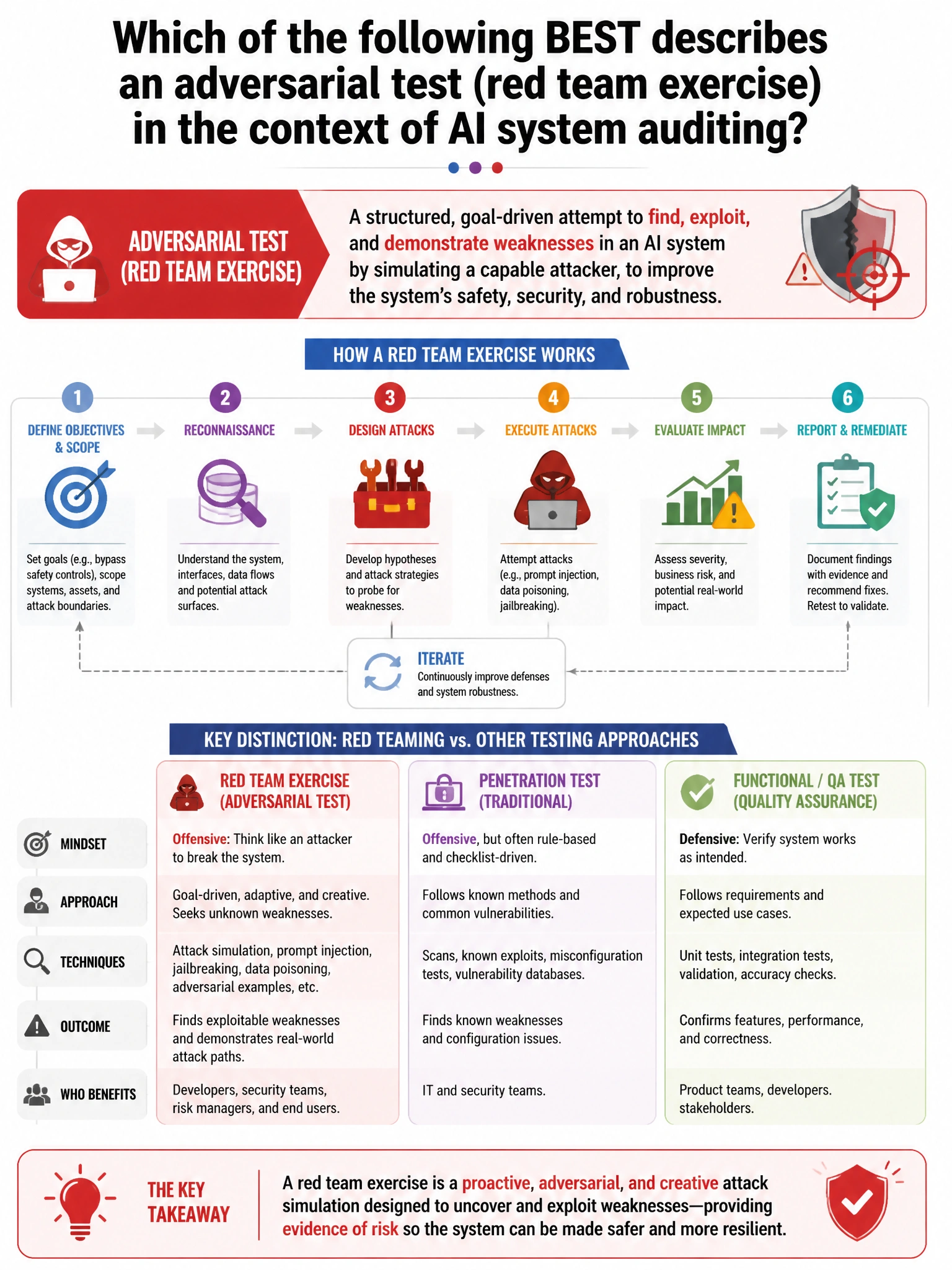 Portrait educational infographic teaching: Which of the following BEST describes an adversarial test (red team exercise) in the context of AI system auditing?. Show labeled components, decision flow, and the key distinction that makes the correct answer correct. Clean modern diagram style.