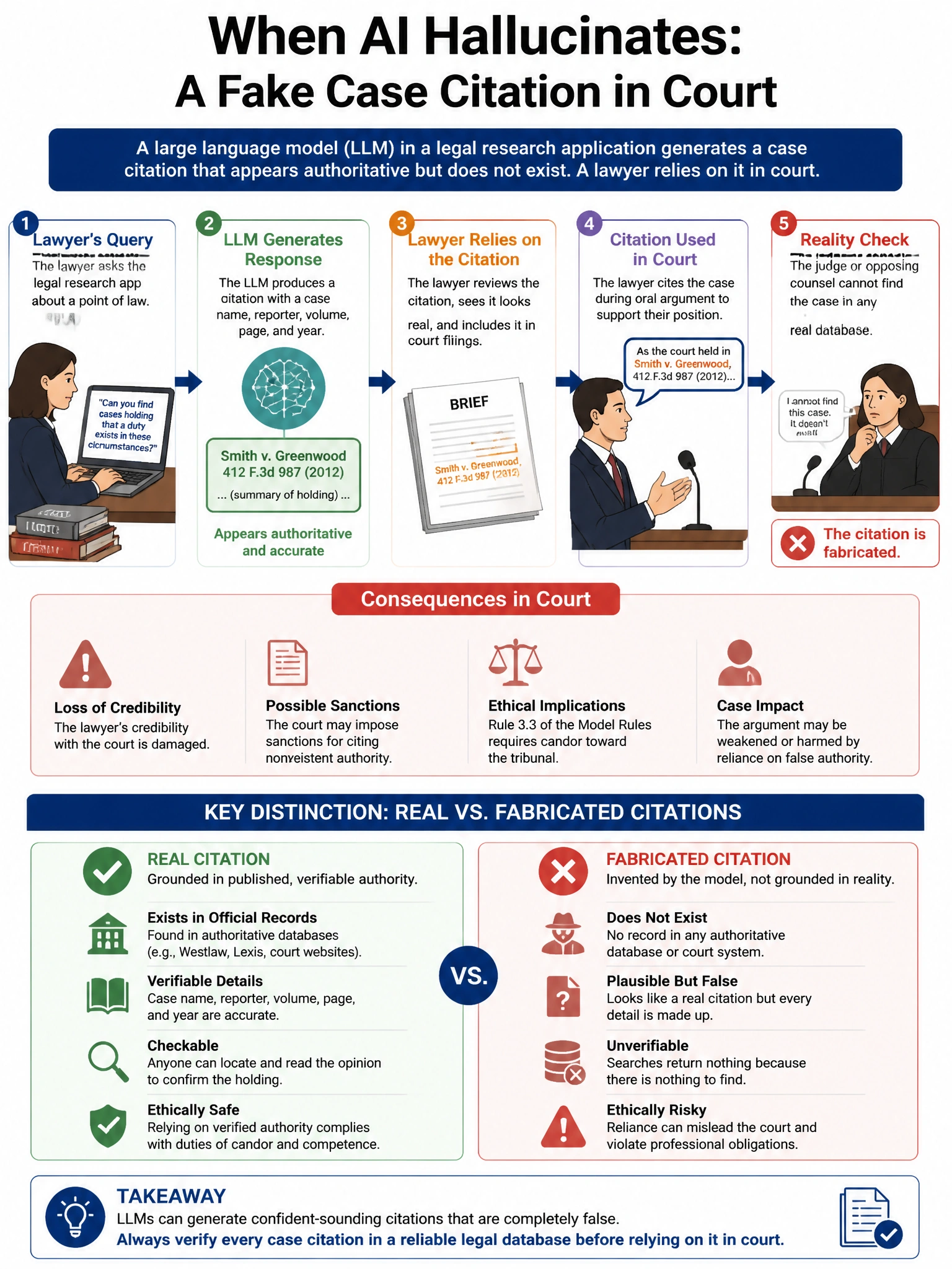 Portrait educational infographic teaching: A large language model deployed in a legal research application generates a case citation that appears authoritative but does not exist. A lawyer relies on the citation in court do. Show labeled components, decision flow, and the key distinction that makes the correct answer correct. Clean modern diagram style.