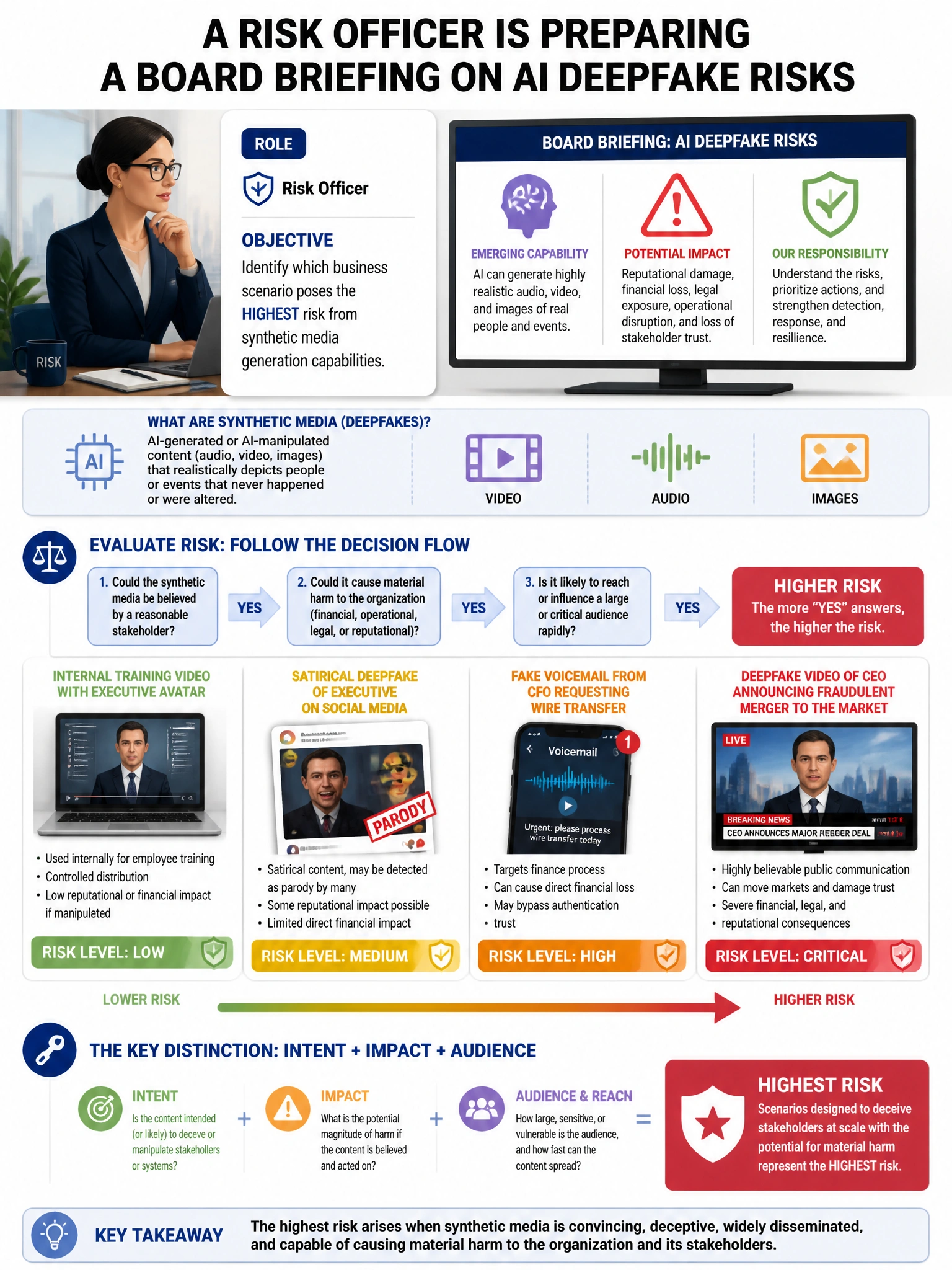 Portrait educational infographic teaching: A risk officer is preparing a board briefing on AI deepfake risks. Which business scenario represents the HIGHEST risk from synthetic media generation capabilities?. Show labeled components, decision flow, and the key distinction that makes the correct answer correct. Clean modern diagram style.