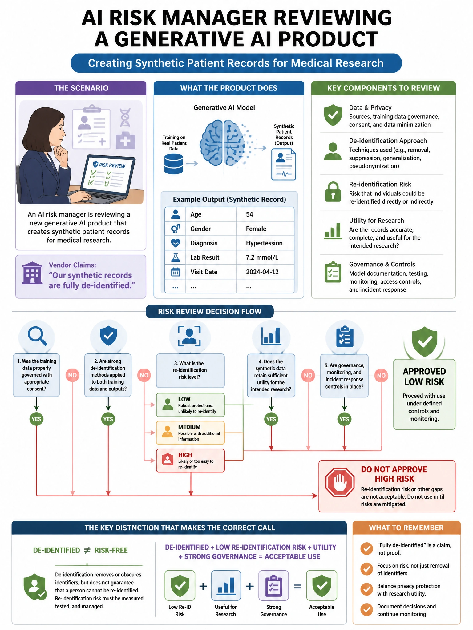 Portrait educational infographic teaching: An AI risk manager is reviewing a new generative AI product that creates synthetic patient records for medical research. The product's vendor claims the synthetic records are 'full. Show labeled components, decision flow, and the key distinction that makes the correct answer correct. Clean modern diagram style.