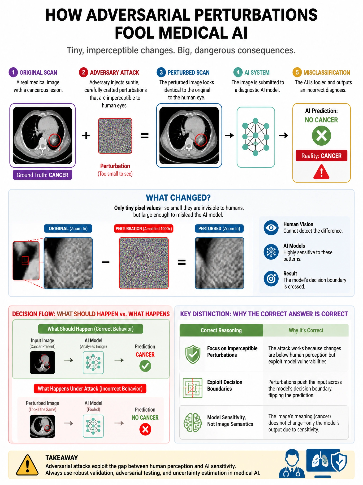 Portrait educational infographic teaching: An adversary injects subtle, imperceptible perturbations into medical scan images before submitting them to a diagnostic AI system, causing the system to misclassify cancerous find. Show labeled components, decision flow, and the key distinction that makes the correct answer correct. Clean modern diagram style.