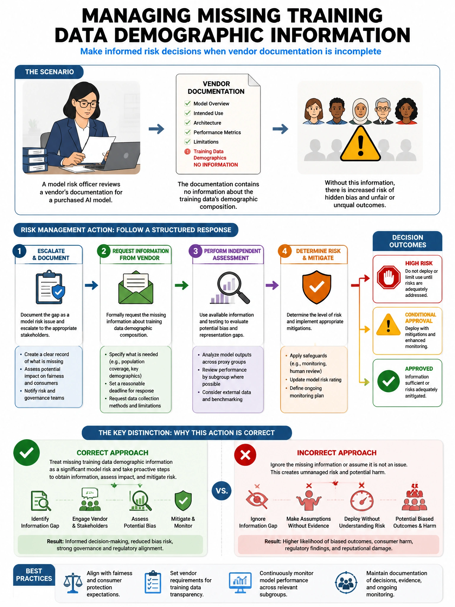 Portrait educational infographic teaching: A model risk officer reviews a vendor's documentation for a purchased AI model and finds no information about the training data's demographic composition. What risk management acti. Show labeled components, decision flow, and the key distinction that makes the correct answer correct. Clean modern diagram style.