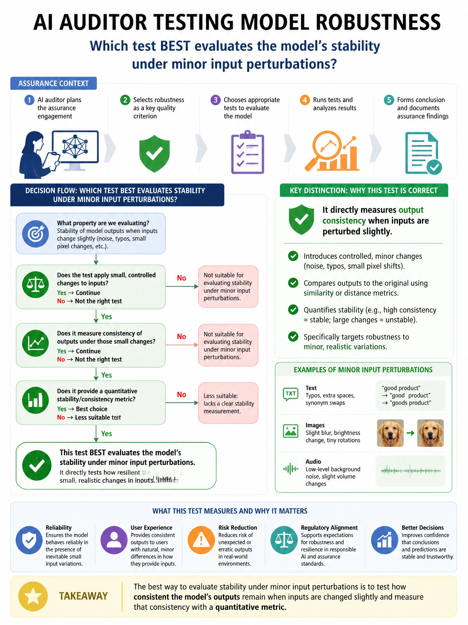 Portrait educational infographic teaching: An AI auditor is testing an AI model's robustness as part of an assurance engagement. Which test BEST evaluates the model's stability under minor input perturbations?. Show labeled components, decision flow, and the key distinction that makes the correct answer correct. Clean modern diagram style.