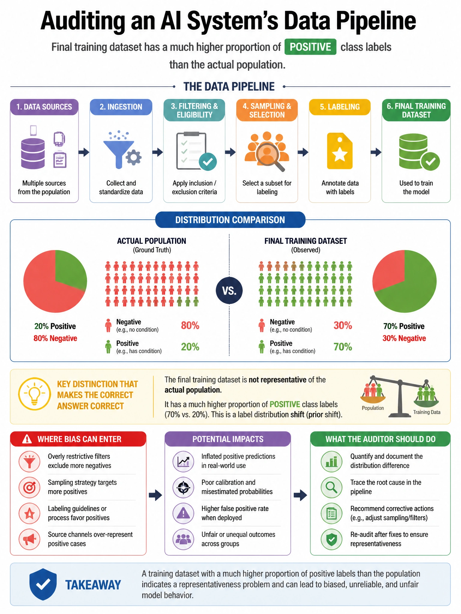 Portrait educational infographic teaching: When auditing an AI system's data pipeline, the auditor discovers that the final training dataset has a much higher proportion of positive class labels than the actual population. . Show labeled components, decision flow, and the key distinction that makes the correct answer correct. Clean modern diagram style.