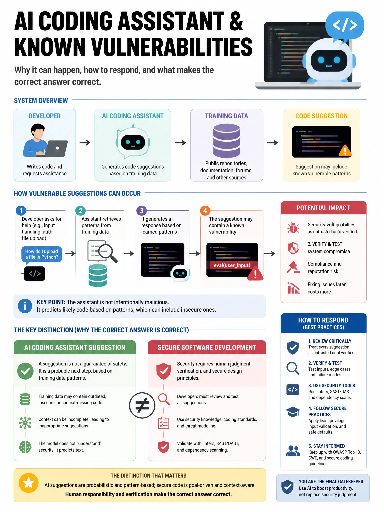 Portrait educational infographic teaching: An organization has deployed an AI coding assistant for software developers. Security researchers report that the assistant occasionally suggests code with known vulnerabilities. W. Show labeled components, decision flow, and the key distinction that makes the correct answer correct. Clean modern diagram style.
