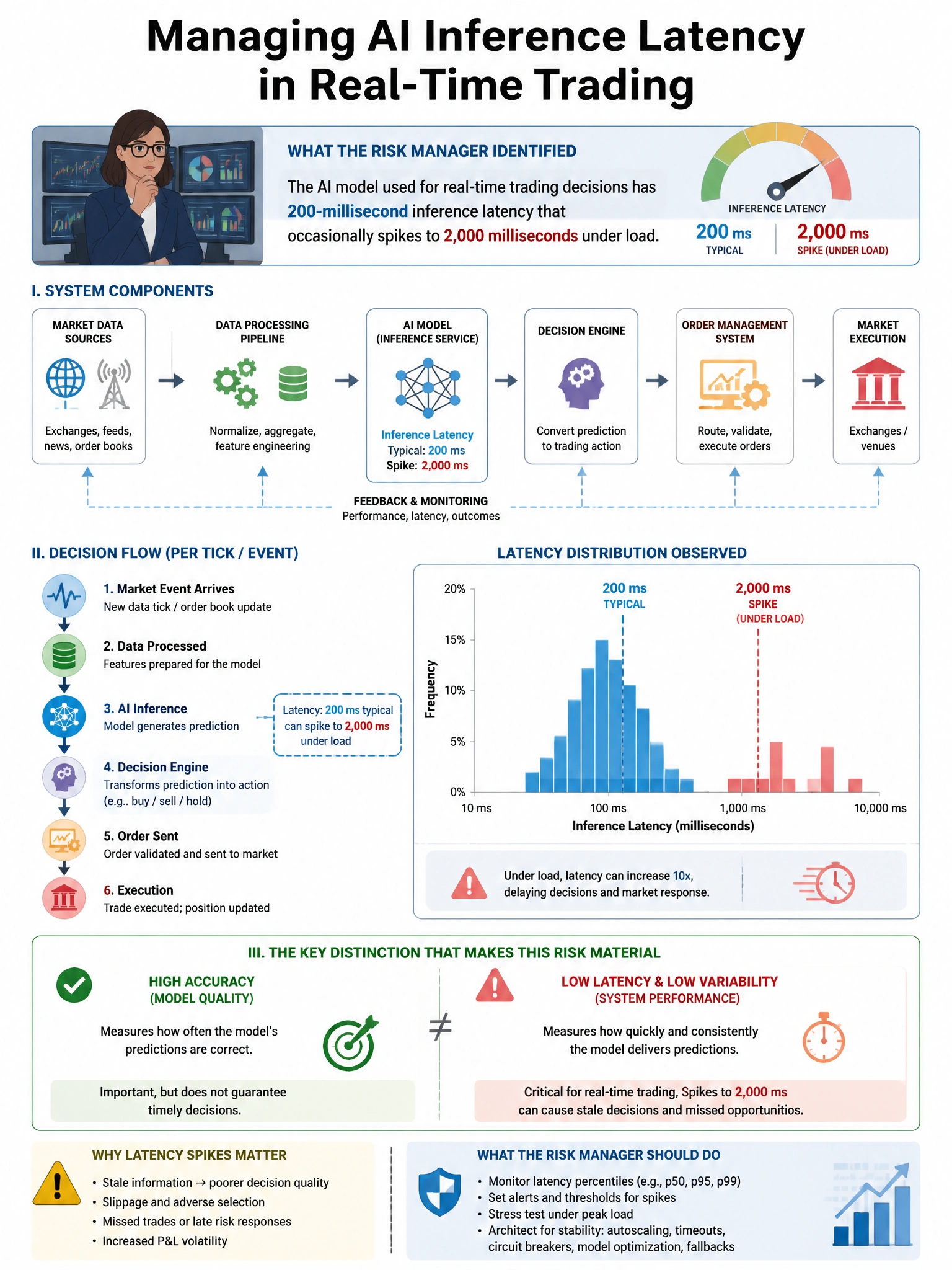 Portrait educational infographic teaching: A risk manager identifies that an AI model used for real-time trading decisions has a 200-millisecond inference latency that occasionally spikes to 2,000 milliseconds under load. I. Show labeled components, decision flow, and the key distinction that makes the correct answer correct. Clean modern diagram style.