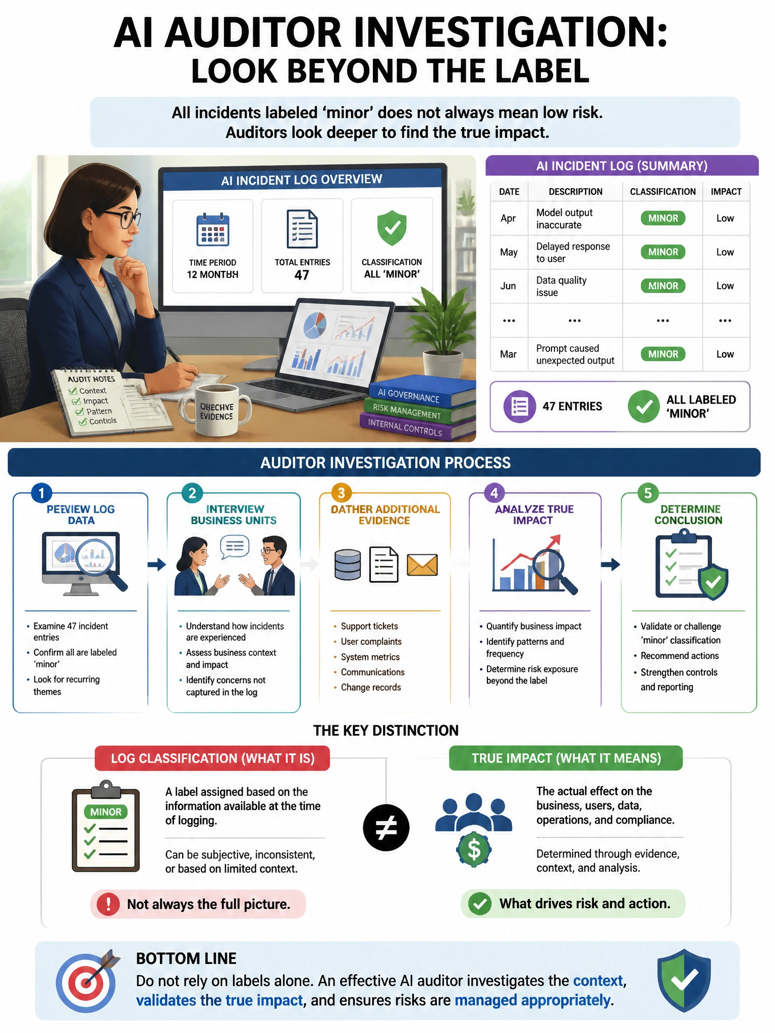 Portrait educational infographic teaching: An AI auditor is examining an organization's AI incident log. The log contains 47 entries over 12 months, all classified as 'minor.' The auditor interviews business units and disco. Show labeled components, decision flow, and the key distinction that makes the correct answer correct. Clean modern diagram style.
