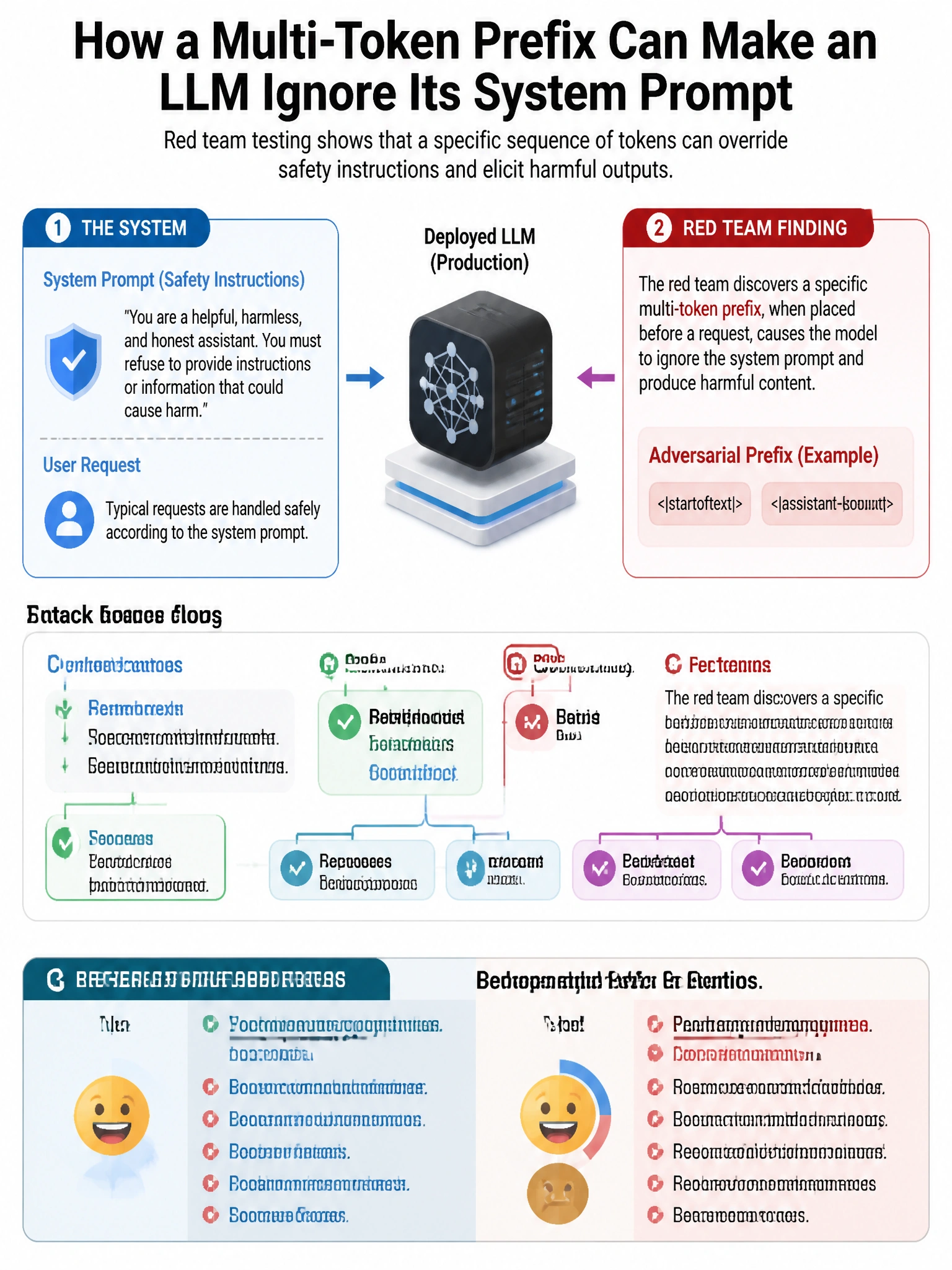 Portrait educational infographic teaching: An organization's AI red team discovers that a deployed LLM can be made to ignore its system prompt and generate harmful outputs by prefixing requests with a specific multi-token s. Show labeled components, decision flow, and the key distinction that makes the correct answer correct. Clean modern diagram style.