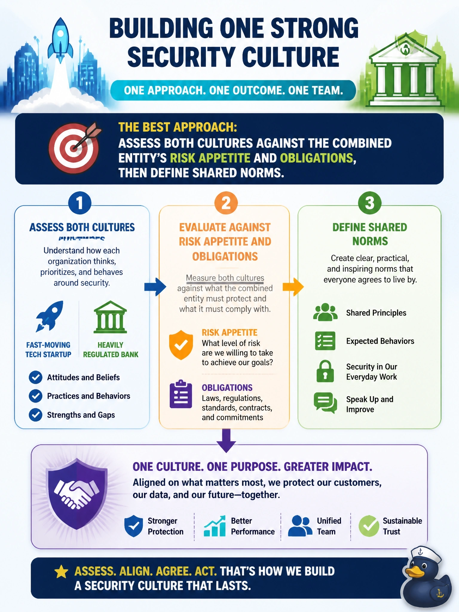 To Create an exciting colorful infographic that explains the concepts in the question: Question: A fast-moving technology startup is being merged into a heavily regulated bank, and the two organizations have very different attitudes toward security. The security manager is asked to establish a common security culture for the combined entity. Which approach is BEST? Correct Answer: Assess both cultures against the combined entity's risk appetite and obligations, then define shared norms. Put EVERY visible label in double quotes. No people. No A/B/C/D letters. In one of the four corners put a little "Navy Duck".