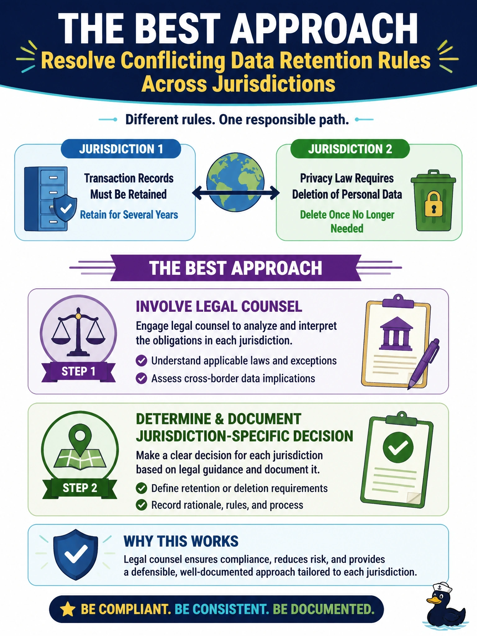 To Create an exciting colorful infographic that explains the concepts in the question: Question: One country where the company operates requires transaction records to be retained for several years, while another jurisdiction's privacy law requires that personal data in those same records be deleted once it is no longer needed. What is the BEST approach? Correct Answer: Involve legal counsel to determine obligations per jurisdiction and document a jurisdiction-specific decision. Put EVERY visible label in double quotes. No people. No A/B/C/D letters. In one of the four corners put a little "Navy Duck".