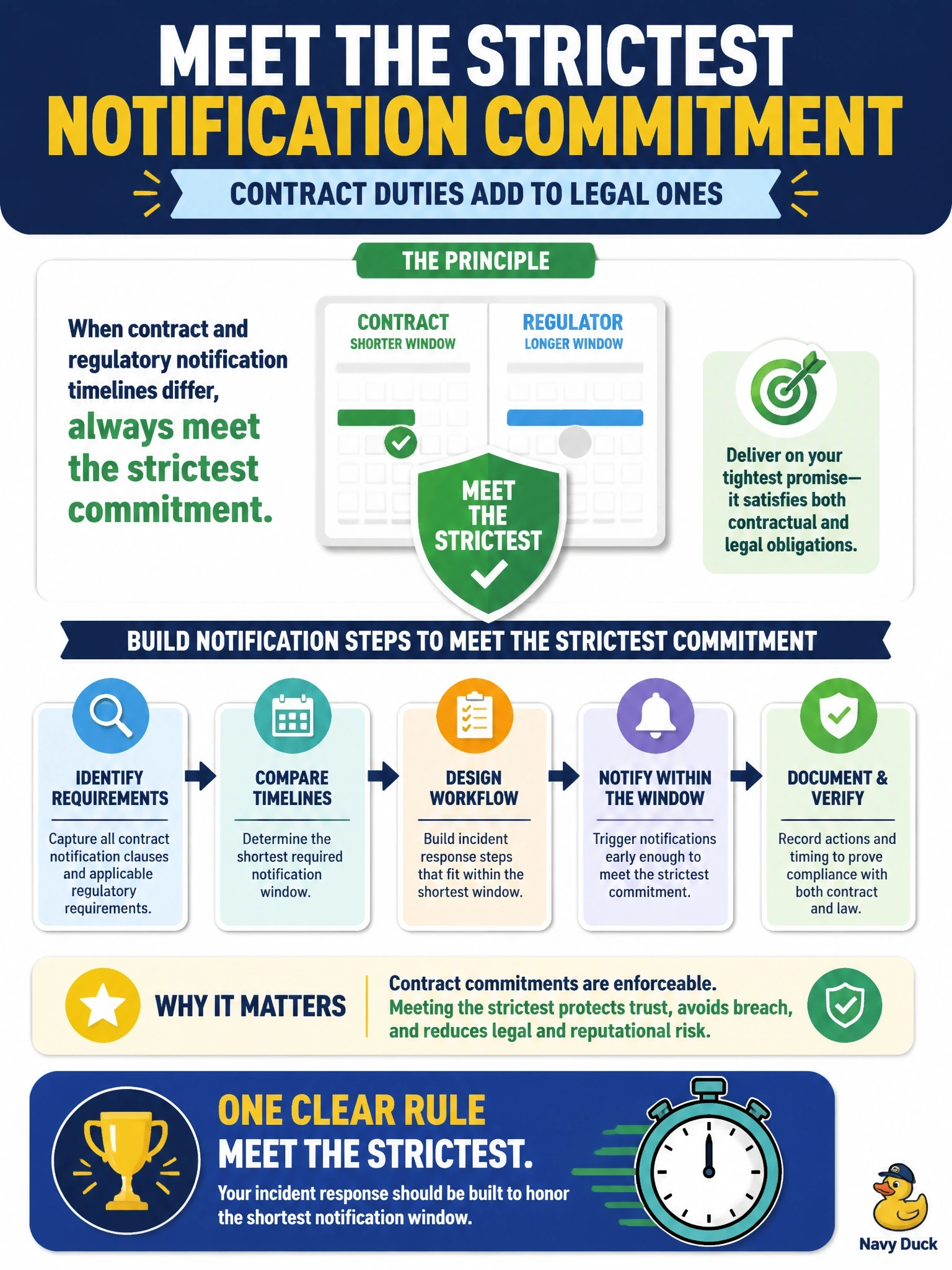 To Create an exciting colorful infographic that explains the concepts in the question: Question: A key customer contract requires the company to notify the customer of any breach affecting its data within a shorter window than the applicable regulator requires. How should the incident response procedures address this? Correct Answer: Build notification steps to meet the strictest commitment, because contract duties add to legal ones. Put EVERY visible label in double quotes. No people. No A/B/C/D letters. In one of the four corners put a little "Navy Duck".