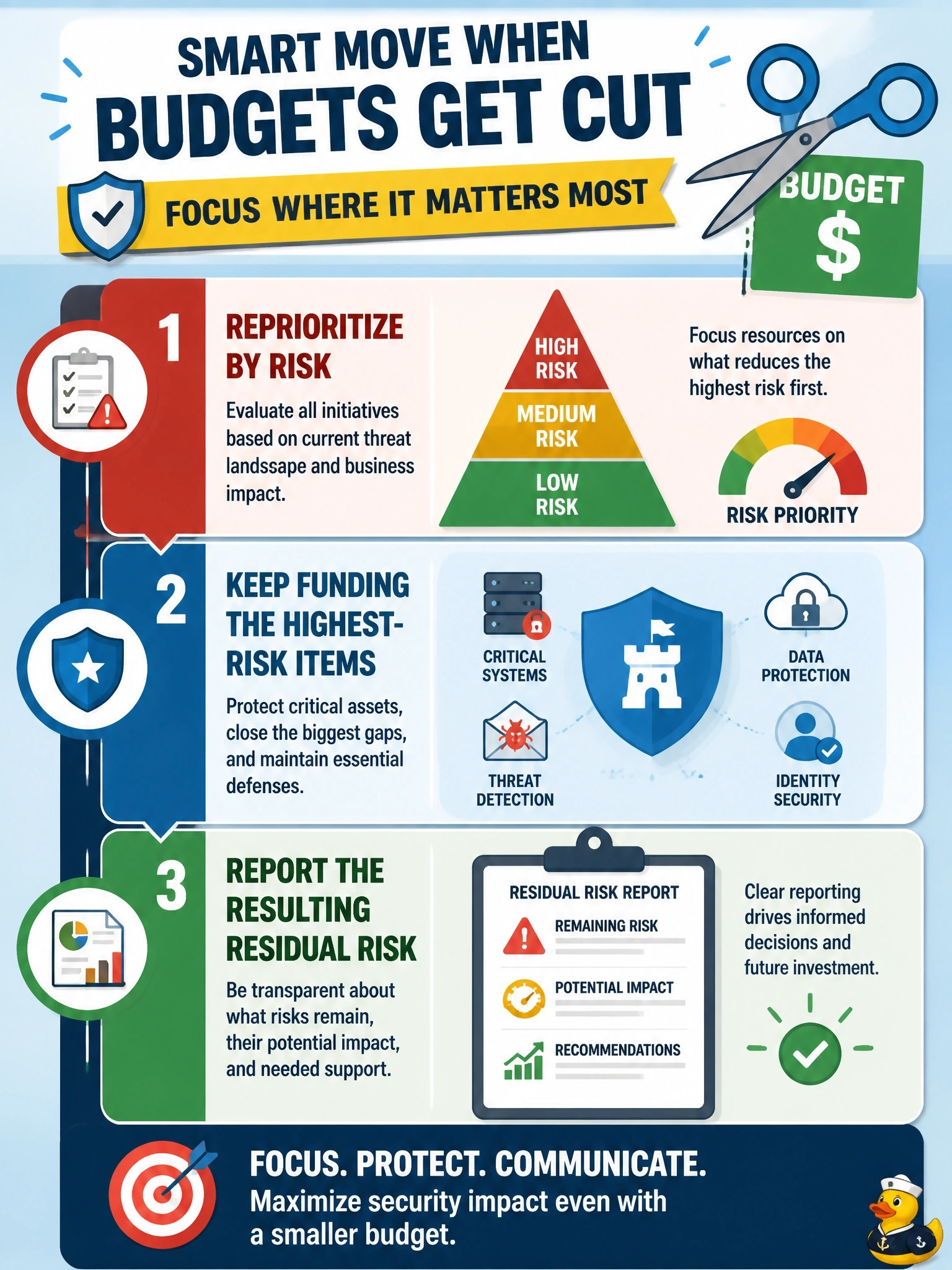 To Create an exciting colorful infographic that explains the concepts in the question: Question: Halfway through the year, the security budget is cut by a significant amount, and not all planned initiatives can continue. What should the security manager do? Correct Answer: Reprioritize by risk, keep funding the highest-risk items, and report the resulting residual risk. Put EVERY visible label in double quotes. No people. No A/B/C/D letters. In one of the four corners put a little "Navy Duck".