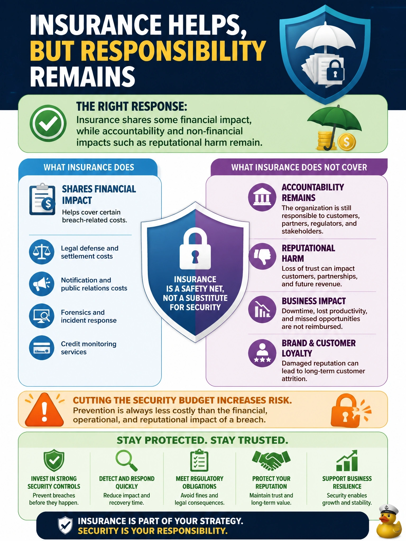 To Create an exciting colorful infographic that explains the concepts in the question: Question: After the company purchases a cyber insurance policy that covers data breach costs, a business executive proposes cutting the security budget because the breach risk now belongs to the insurer. How should the information security manager respond? Correct Answer: Explain that insurance shares some financial impact, while accountability and non-financial impacts such as reputational harm remain Put EVERY visible label in double quotes. No people. No A/B/C/D letters. In one of the four corners put a little "Navy Duck".