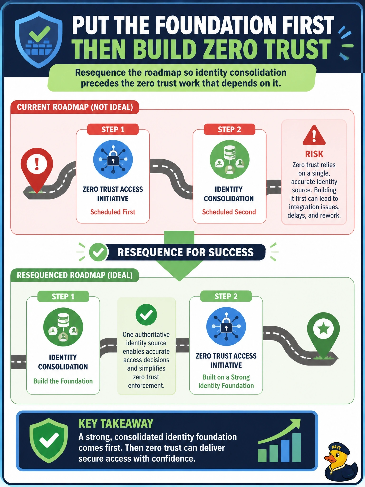 To Create an exciting colorful infographic that explains the concepts in the question: Question: The security program roadmap schedules a zero trust access initiative to begin before the project that consolidates the organization's several identity directories into one authoritative source. What should the information security manager do? Correct Answer: Resequence the roadmap so identity consolidation precedes the zero trust work that depends on it Put EVERY visible label in double quotes. No people. No A/B/C/D letters. In one of the four corners put a little "Navy Duck".