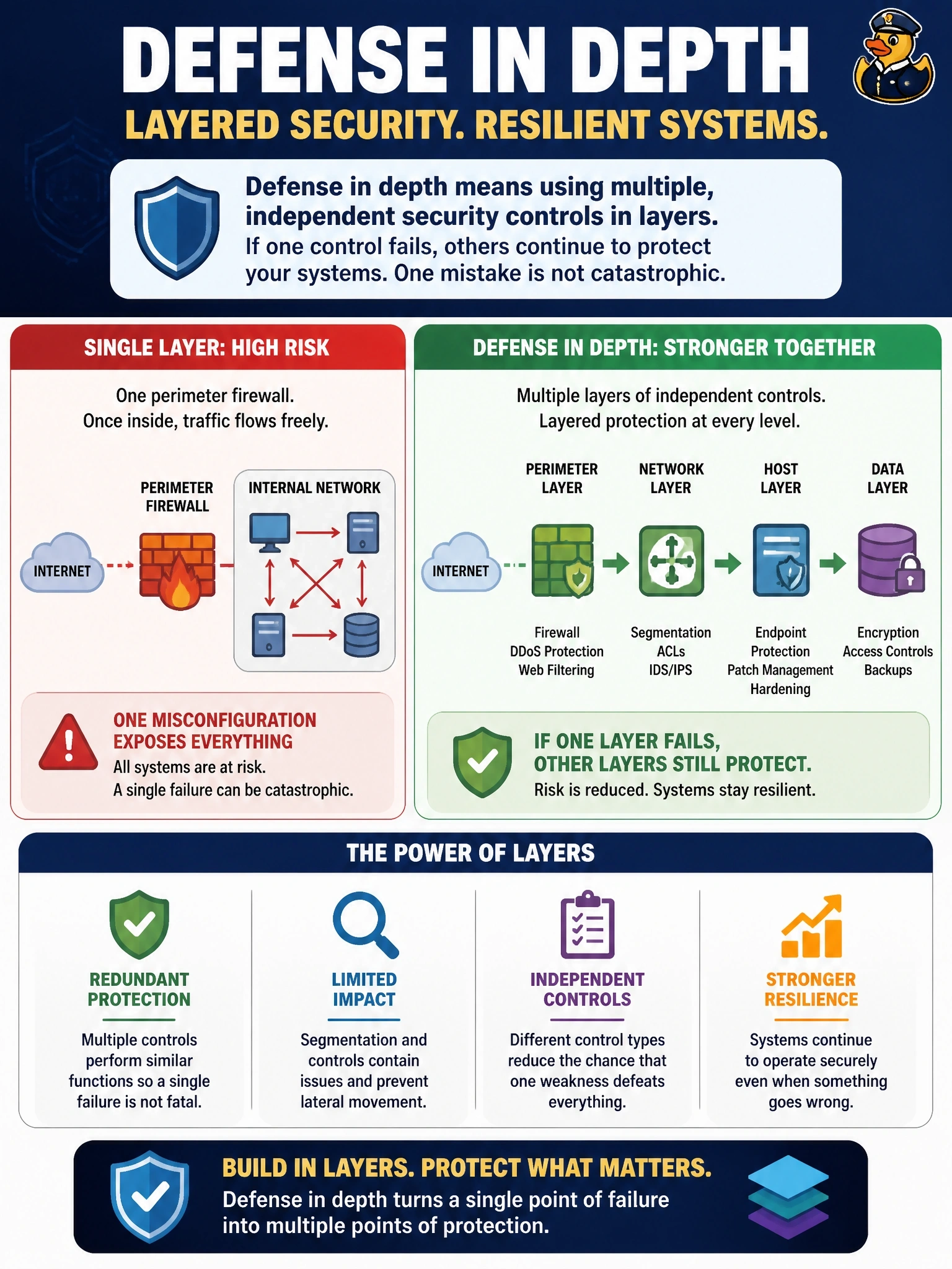 To Create an exciting colorful infographic that explains the concepts in the question: Question: A company relies on a single perimeter firewall to protect all internal systems, and once traffic is inside, it flows freely between them. An assessment notes that one misconfiguration would expose every system. Which architectural principle BEST addresses this weakness? Correct Answer: Defense in depth, layering independent controls so one failure is not catastrophic Put EVERY visible label in double quotes. No people. No A/B/C/D letters. In one of the four corners put a little "Navy Duck".