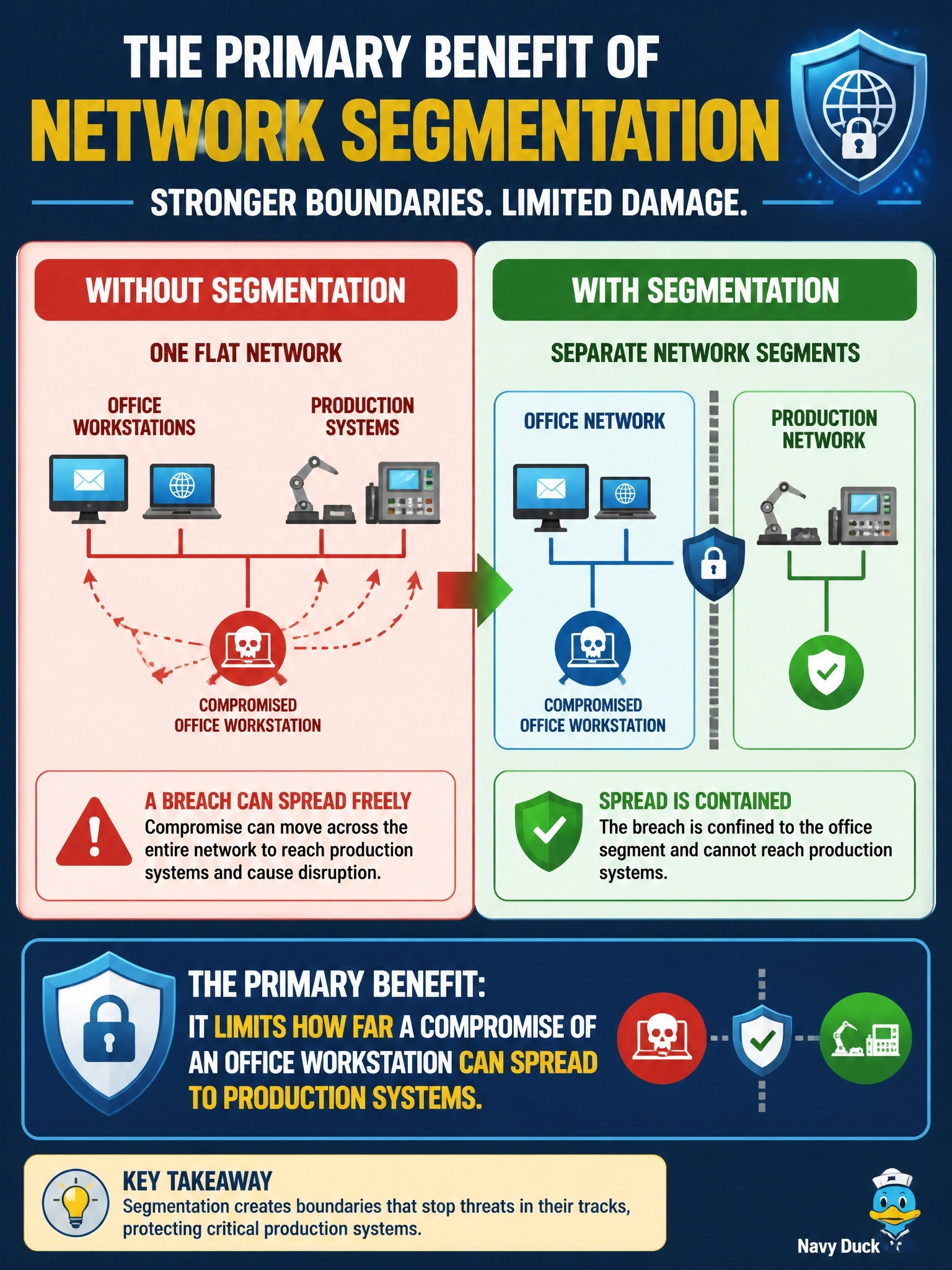 To Create an exciting colorful infographic that explains the concepts in the question: Question: In a manufacturing company, the systems that control production lines sit on the same flat network as office workstations used for email and web browsing. What is the PRIMARY benefit of separating them into distinct network segments? Correct Answer: It limits how far a compromise of an office workstation can spread to production systems Put EVERY visible label in double quotes. No people. No A/B/C/D letters. In one of the four corners put a little "Navy Duck".