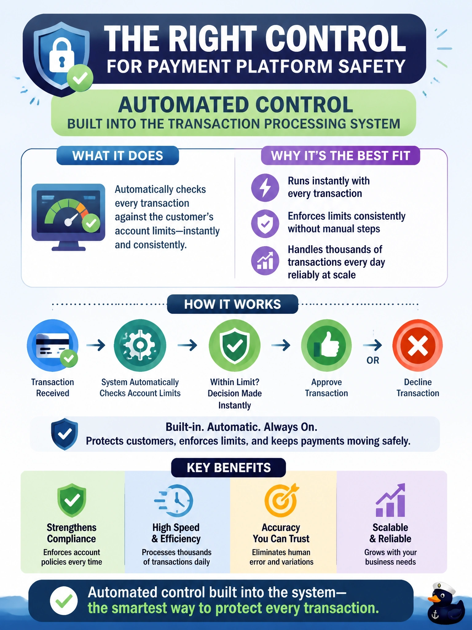 To Create an exciting colorful infographic that explains the concepts in the question: Question: A payment platform must check that every transaction respects the customer's account limits, and it processes several thousand transactions each day. Which type of control is MOST appropriate for this requirement? Correct Answer: An automated control built into the transaction processing system Put EVERY visible label in double quotes. No people. No A/B/C/D letters. In one of the four corners put a little "Navy Duck".