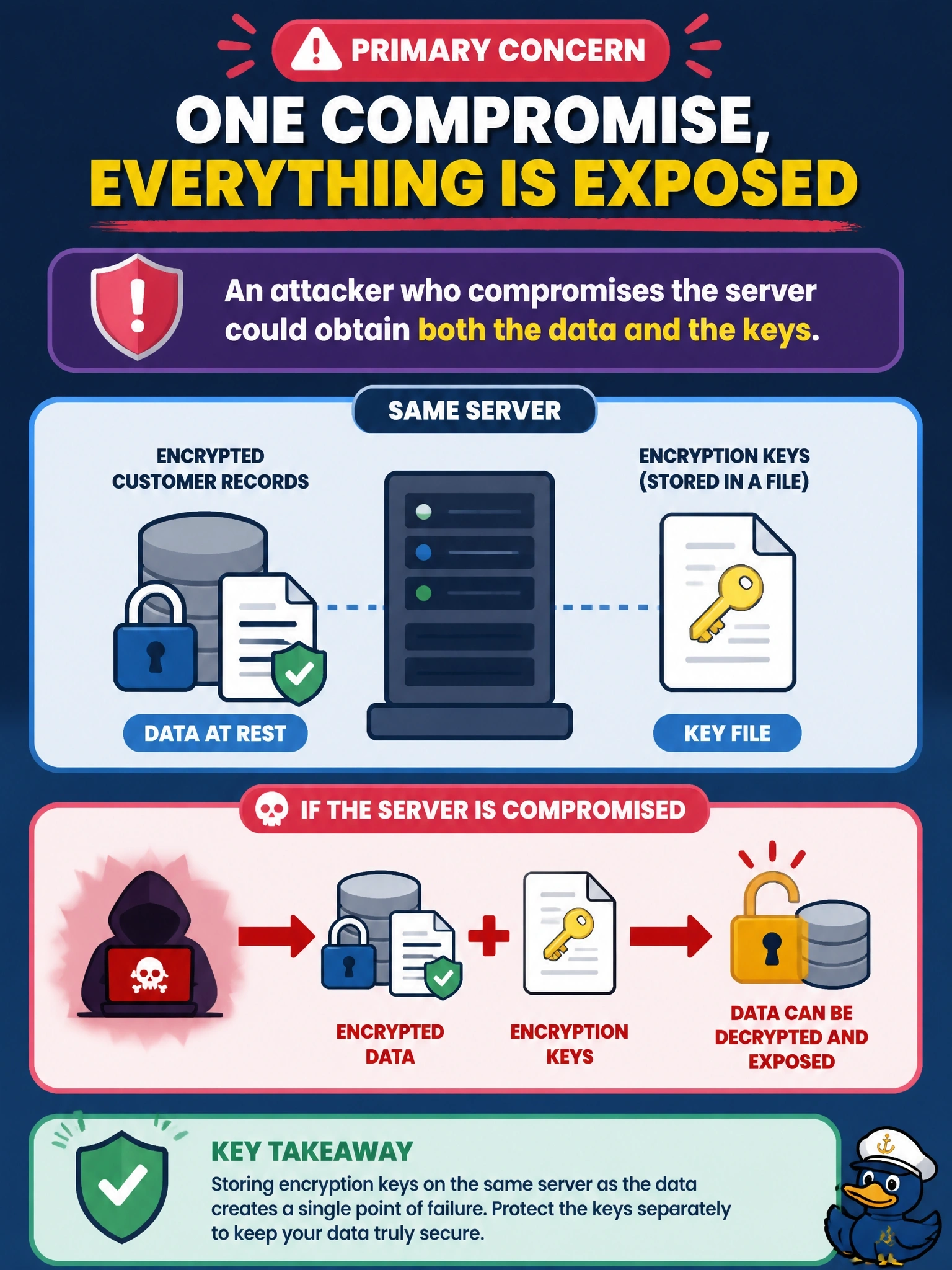 To Create an exciting colorful infographic that explains the concepts in the question: Question: A database team encrypted customer records at rest, but the encryption keys are stored in a file on the same server as the database. What is the PRIMARY concern for the information security manager? Correct Answer: An attacker who compromises the server could obtain both the data and the keys Put EVERY visible label in double quotes. No people. No A/B/C/D letters. In one of the four corners put a little "Navy Duck".
