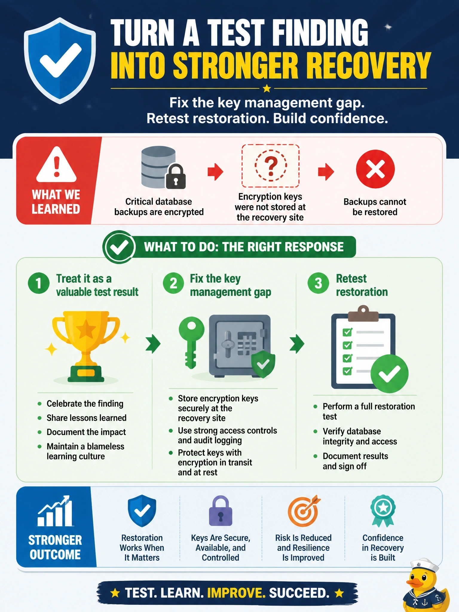 To Create an exciting colorful infographic that explains the concepts in the question: Question: During the annual disaster recovery test, the team finds that backups of a critical database cannot be restored because the encryption keys were never stored at the recovery site. What should the information security manager do? Correct Answer: Treat it as a valuable test result: fix the key management gap and retest restoration. Put EVERY visible label in double quotes. No people. No A/B/C/D letters. In one of the four corners put a little "Navy Duck".
