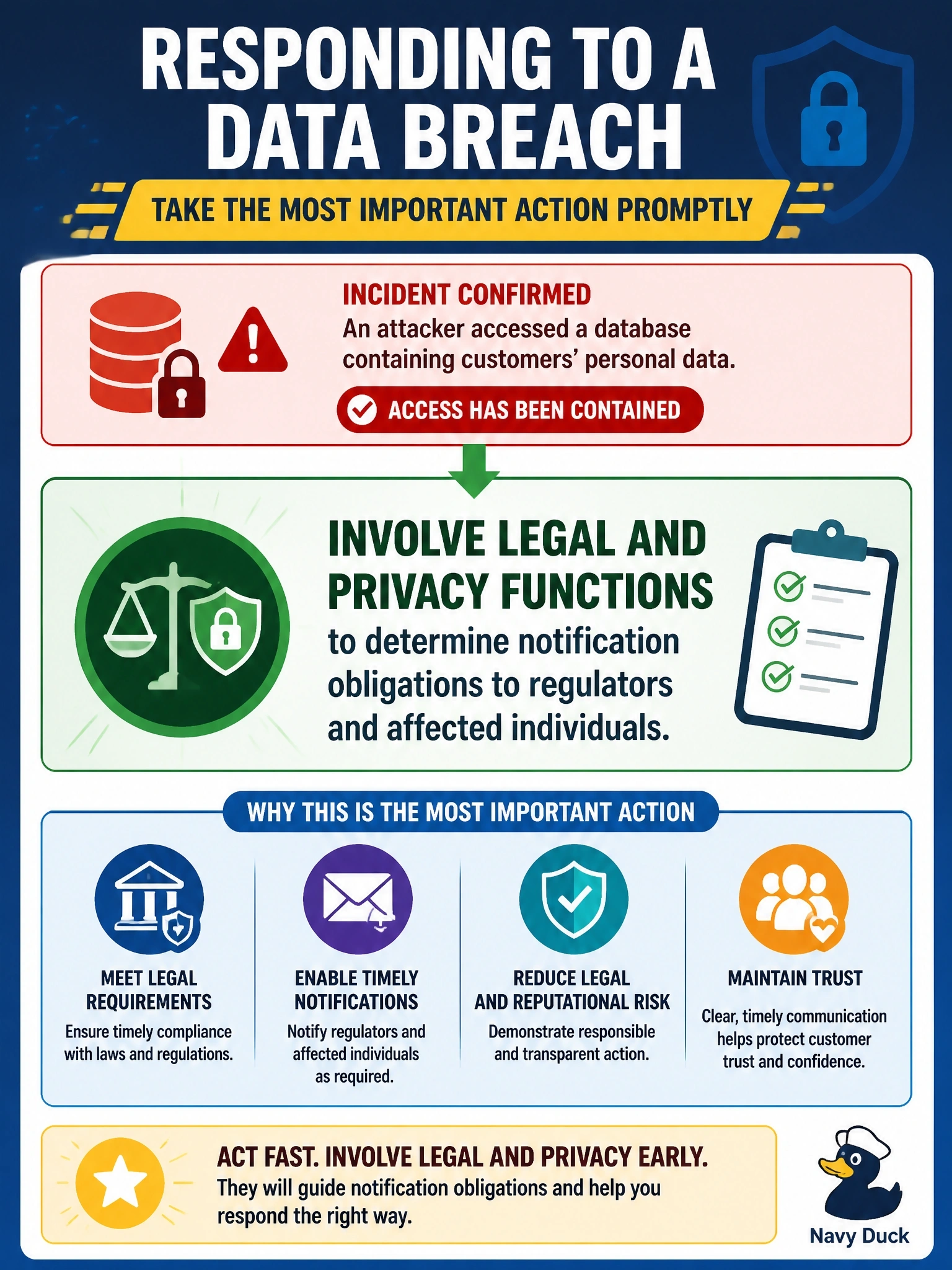 To Create an exciting colorful infographic that explains the concepts in the question: Question: An investigation confirms that an attacker accessed a database containing customers' personal data, and the access has now been contained. Which action is MOST important to take promptly? Correct Answer: Involve legal and privacy functions to determine notification obligations to regulators and affected individuals. Put EVERY visible label in double quotes. No people. No A/B/C/D letters. In one of the four corners put a little "Navy Duck".
