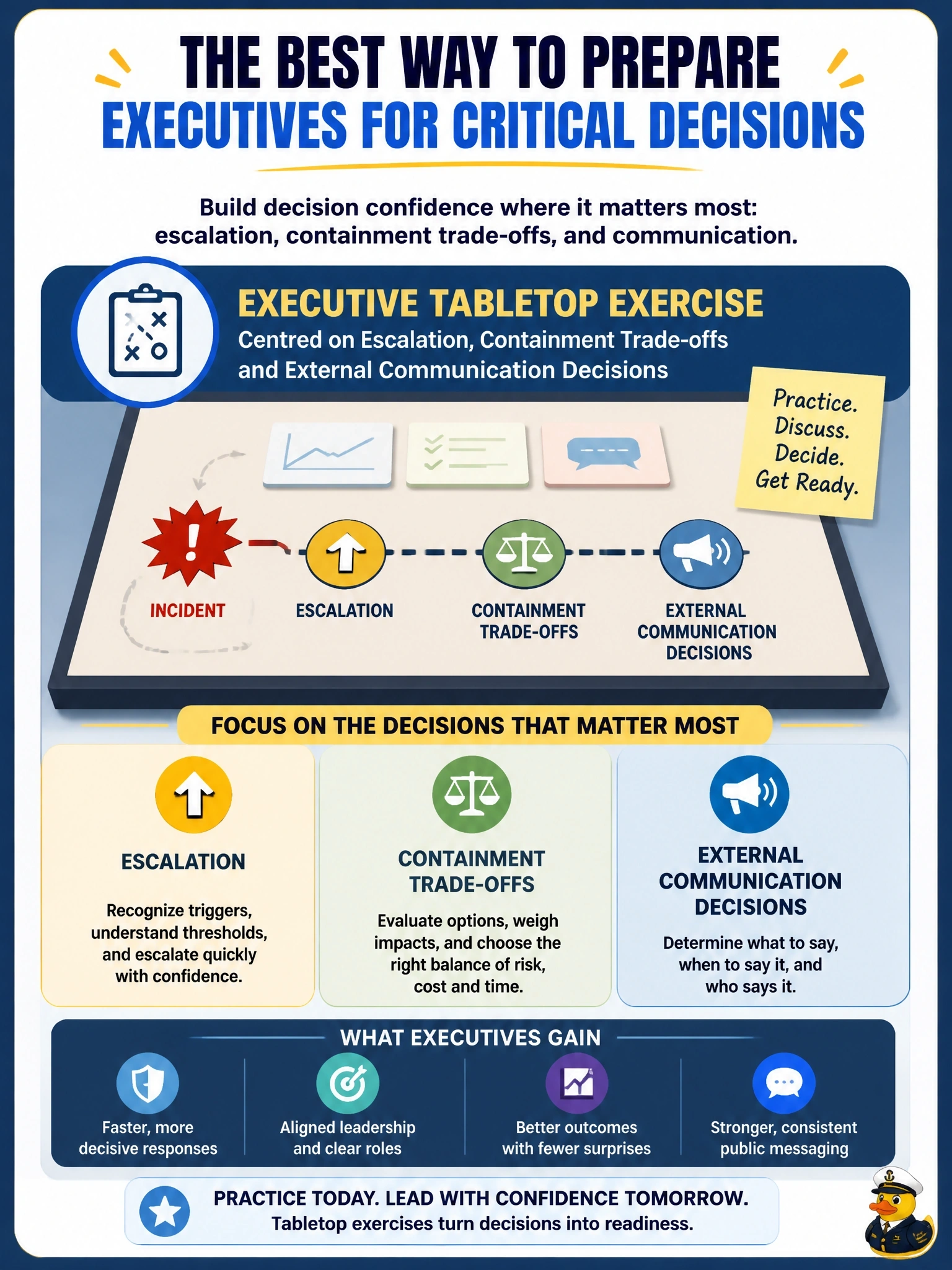 To Create an exciting colorful infographic that explains the concepts in the question: Question: Post-incident reviews show that executives were slow to approve containment trade-offs and public statements during recent incidents. They have never taken part in an exercise. Which activity would BEST address this? Correct Answer: An executive tabletop exercise centred on escalation, containment trade-offs and external communication decisions Put EVERY visible label in double quotes. No people. No A/B/C/D letters. In one of the four corners put a little "Navy Duck".