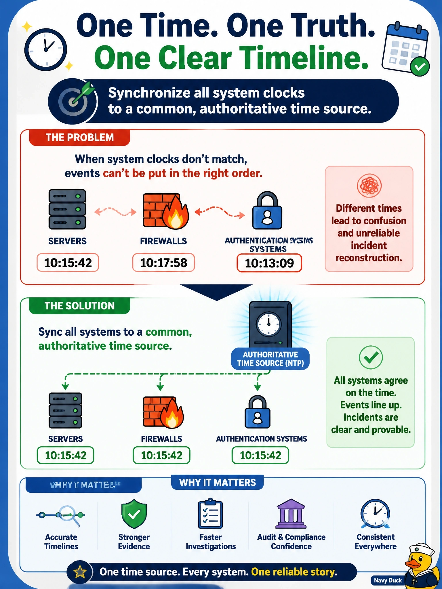 To Create an exciting colorful infographic that explains the concepts in the question: Question: Analysts investigating an incident cannot reconstruct the sequence of events because timestamps on servers, firewalls and authentication systems differ by several minutes. Which control would MOST have prevented this problem? Correct Answer: Synchronizing all system clocks to a common, authoritative time source Put EVERY visible label in double quotes. No people. No A/B/C/D letters. In one of the four corners put a little "Navy Duck".