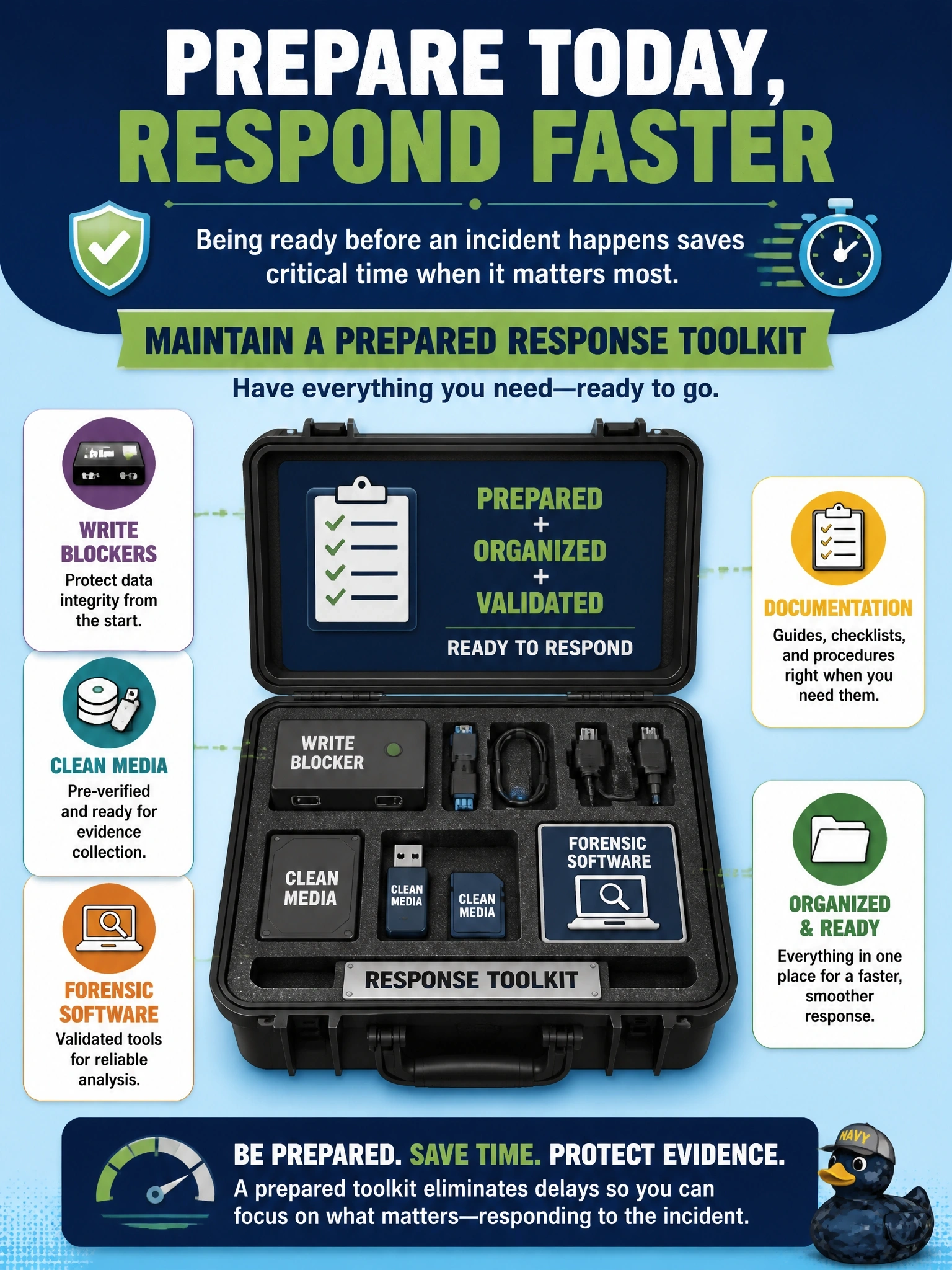 To Create an exciting colorful infographic that explains the concepts in the question: Question: During the last incident, responders spent hours locating write blockers, clean media and approved forensic software before they could begin collecting evidence. What would BEST prevent this delay? Correct Answer: Maintain a prepared response toolkit with validated forensic tools, clean media and documentation before incidents occur Put EVERY visible label in double quotes. No people. No A/B/C/D letters. In one of the four corners put a little "Navy Duck".