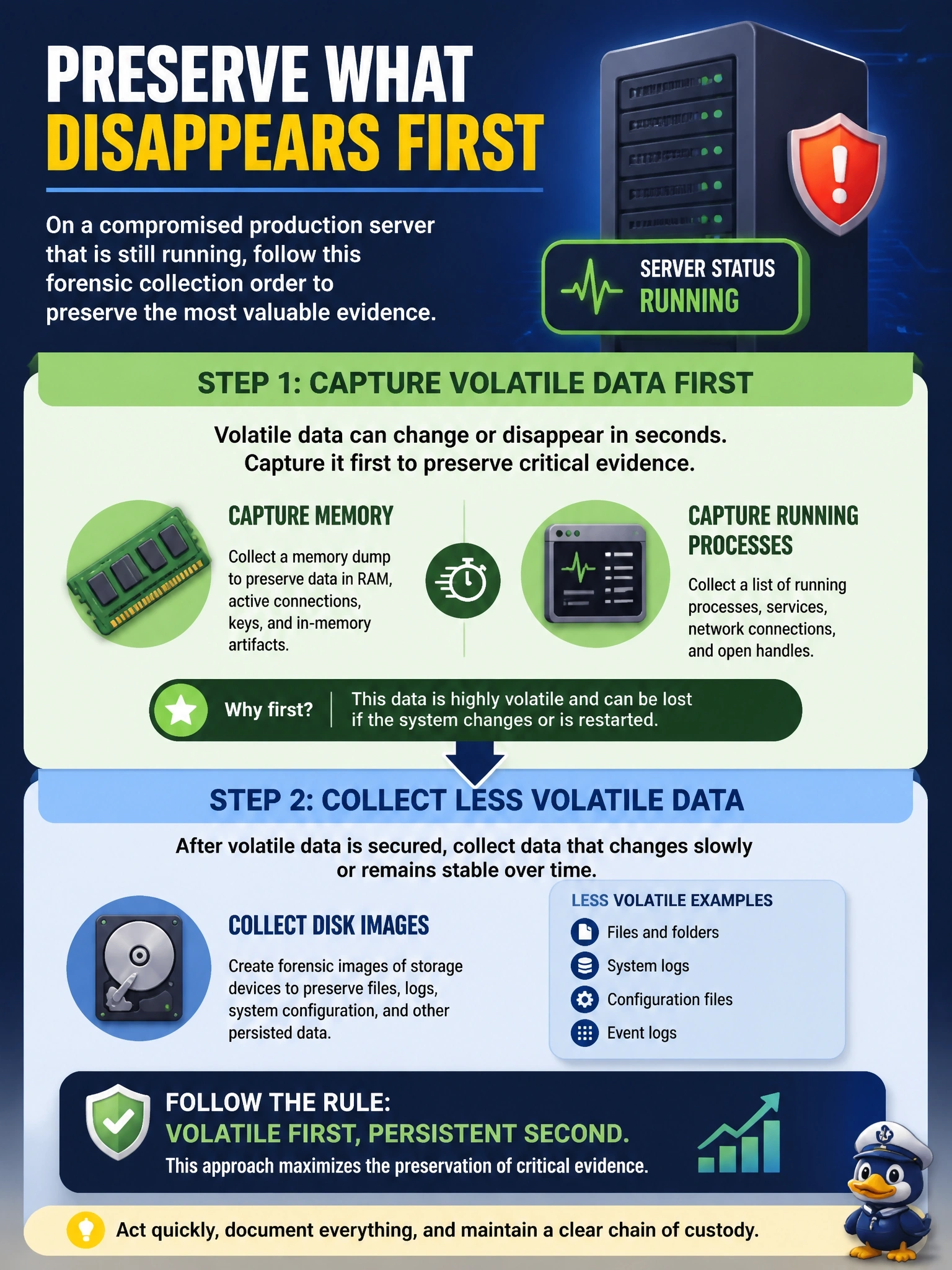 To Create an exciting colorful infographic that explains the concepts in the question: Question: A compromised production server is still running, and investigators need to preserve as much useful evidence as possible. Which approach should they follow? Correct Answer: Capture memory and running processes first, then collect less volatile data like disk images Put EVERY visible label in double quotes. No people. No A/B/C/D letters. In one of the four corners put a little "Navy Duck".