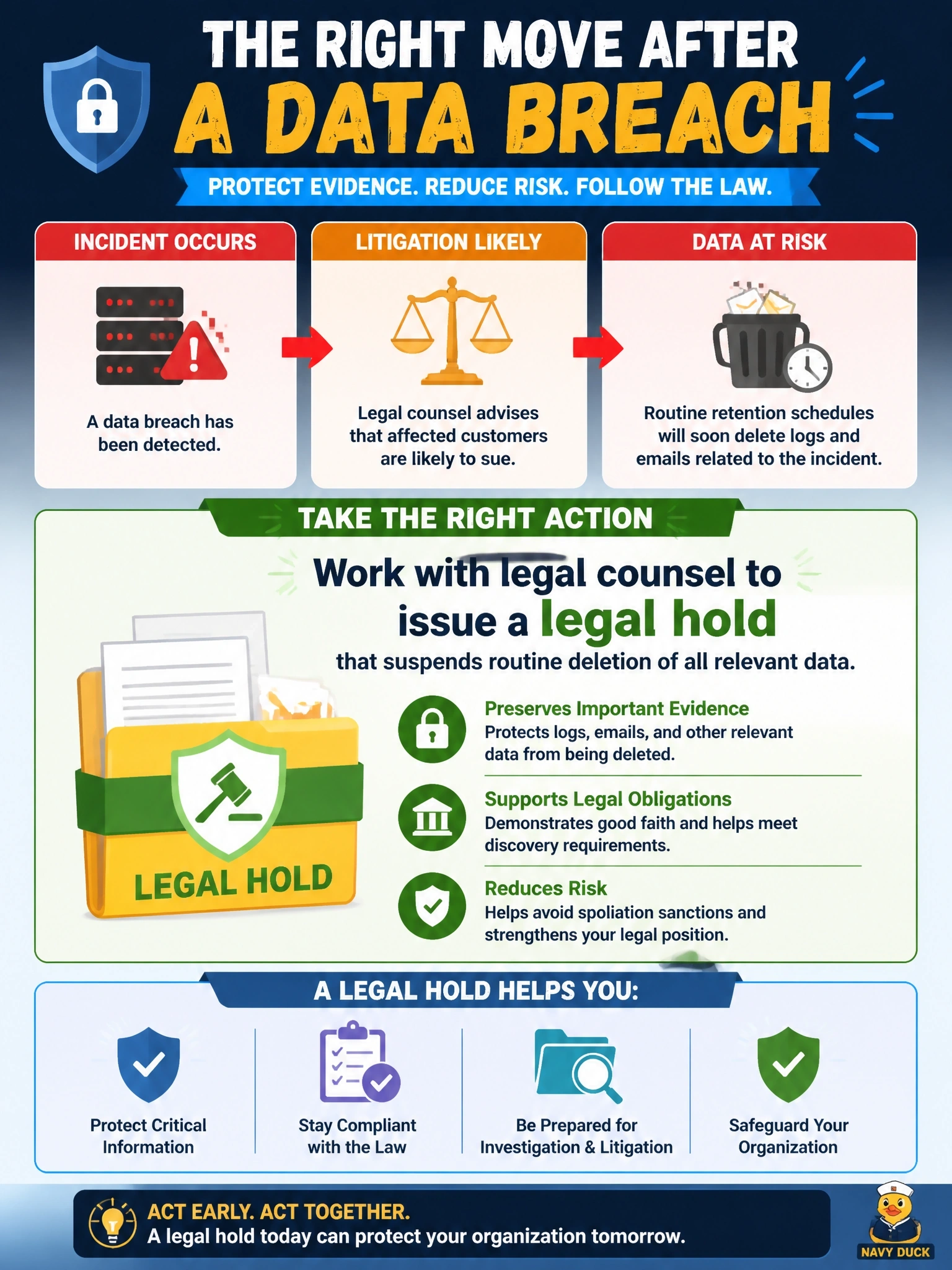 To Create an exciting colorful infographic that explains the concepts in the question: Question: Following a data breach, legal counsel advises that litigation by affected customers is likely. Routine retention schedules will soon delete logs and emails related to the incident. What should the security manager do? Correct Answer: Work with legal counsel to issue a legal hold that suspends routine deletion of all relevant data Put EVERY visible label in double quotes. No people. No A/B/C/D letters. In one of the four corners put a little "Navy Duck".