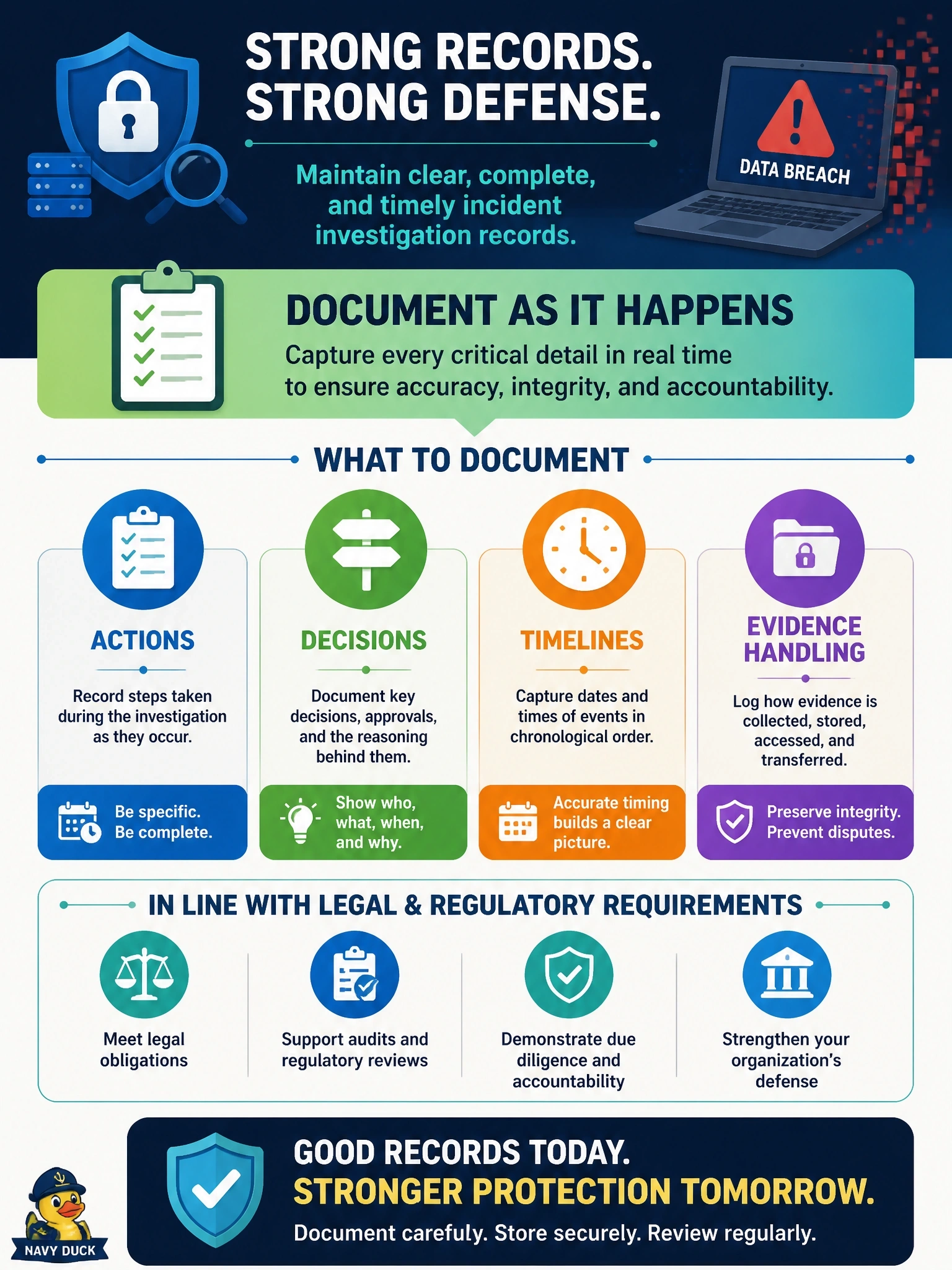 To Create an exciting colorful infographic that explains the concepts in the question: Question: A regulator has indicated that it may review the organization's handling of a significant data breach. What should the security manager ensure about the incident investigation records? Correct Answer: Actions, decisions, timelines and evidence handling are documented as they occur, in line with legal and regulatory requirements Put EVERY visible label in double quotes. No people. No A/B/C/D letters. In one of the four corners put a little "Navy Duck".