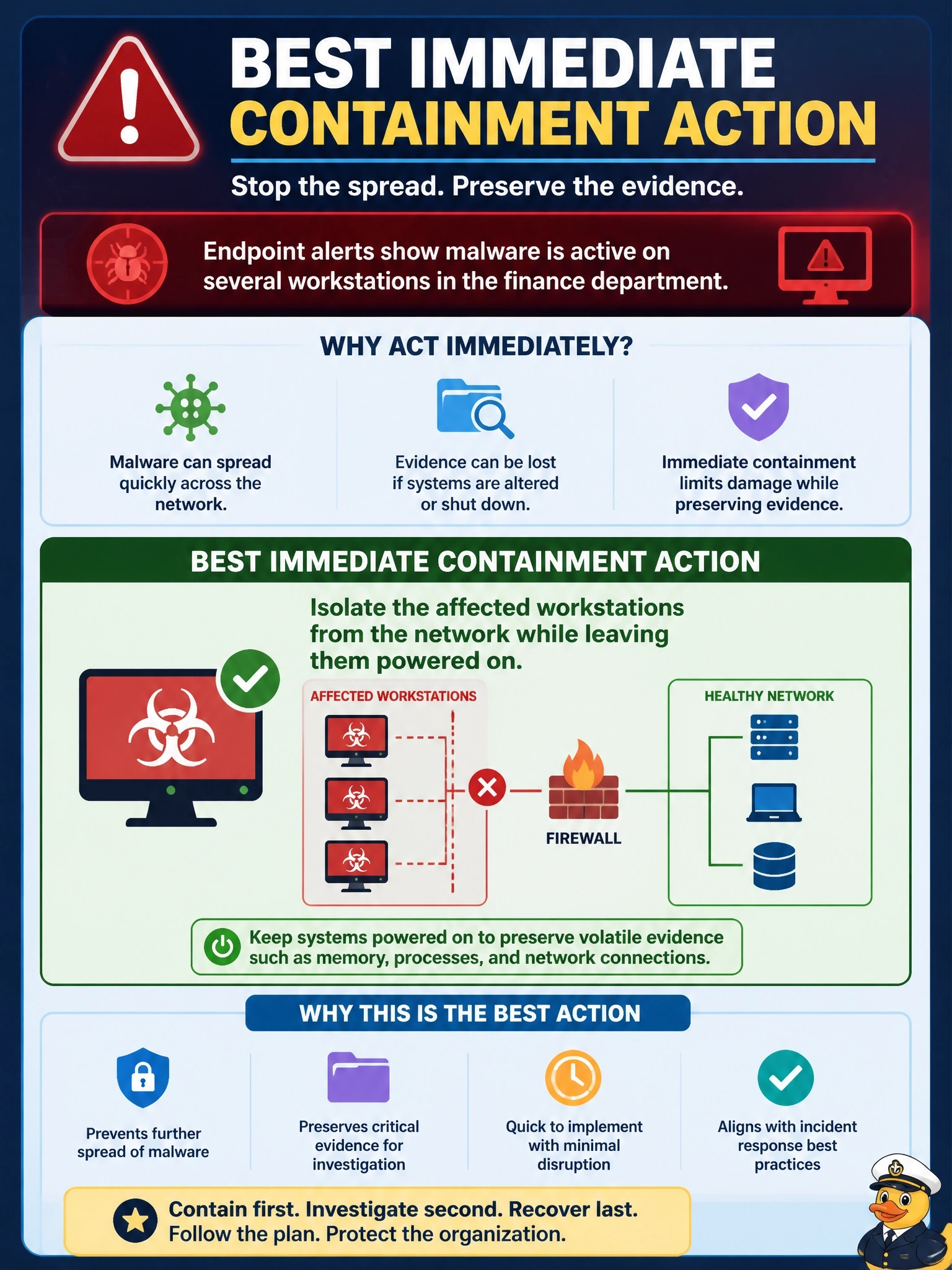 To Create an exciting colorful infographic that explains the concepts in the question: Question: Endpoint alerts show that malware is active on several workstations in the finance department. The incident response plan requires evidence to be preserved for investigation. What is the BEST immediate containment action? Correct Answer: Isolate the affected workstations from the network while leaving them powered on Put EVERY visible label in double quotes. No people. No A/B/C/D letters. In one of the four corners put a little "Navy Duck".