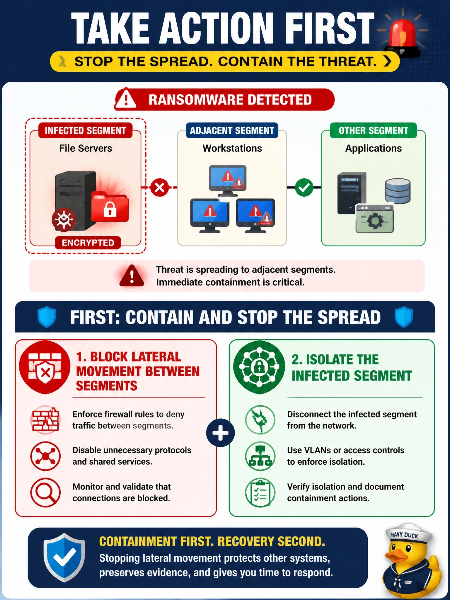 To Create an exciting colorful infographic that explains the concepts in the question: Question: Ransomware has encrypted file servers in one network segment, and alerts show it is beginning to spread to systems in adjacent segments. What should the incident response team do FIRST? Correct Answer: Block lateral movement between segments and isolate the infected segment Put EVERY visible label in double quotes. No people. No A/B/C/D letters. In one of the four corners put a little "Navy Duck".