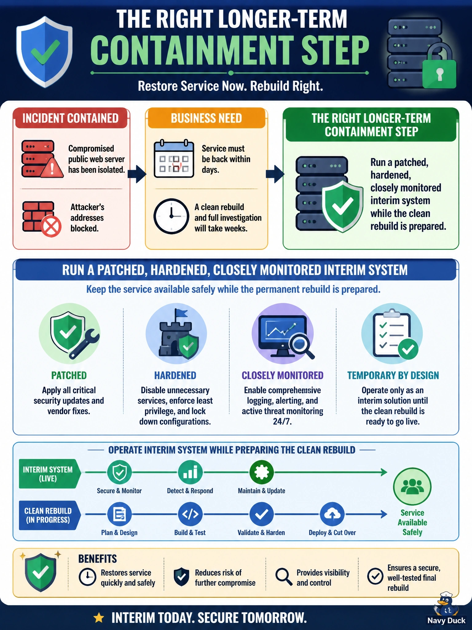 To Create an exciting colorful infographic that explains the concepts in the question: Question: A compromised public web server has been isolated and the attacker's addresses blocked. The business needs the service back within days, but a clean rebuild and full investigation will take weeks. What is the appropriate longer-term containment step? Correct Answer: Run a patched, hardened, closely monitored interim system while the clean rebuild is prepared Put EVERY visible label in double quotes. No people. No A/B/C/D letters. In one of the four corners put a little "Navy Duck".
