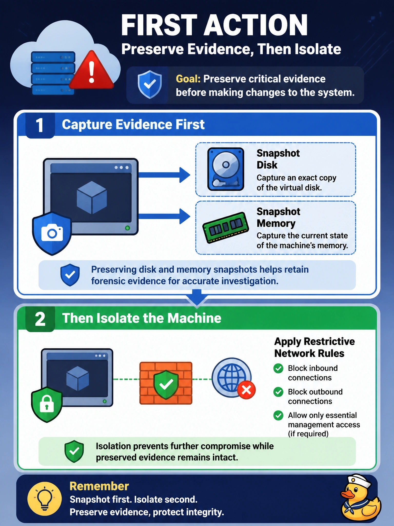 To Create an exciting colorful infographic that explains the concepts in the question: Question: A virtual machine hosted with an infrastructure cloud provider shows signs of compromise, and the incident response plan requires evidence to be preserved. What should responders do FIRST? Correct Answer: Take a snapshot of the machine's disk and memory where possible, then isolate it with restrictive network rules Put EVERY visible label in double quotes. No people. No A/B/C/D letters. In one of the four corners put a little "Navy Duck".
