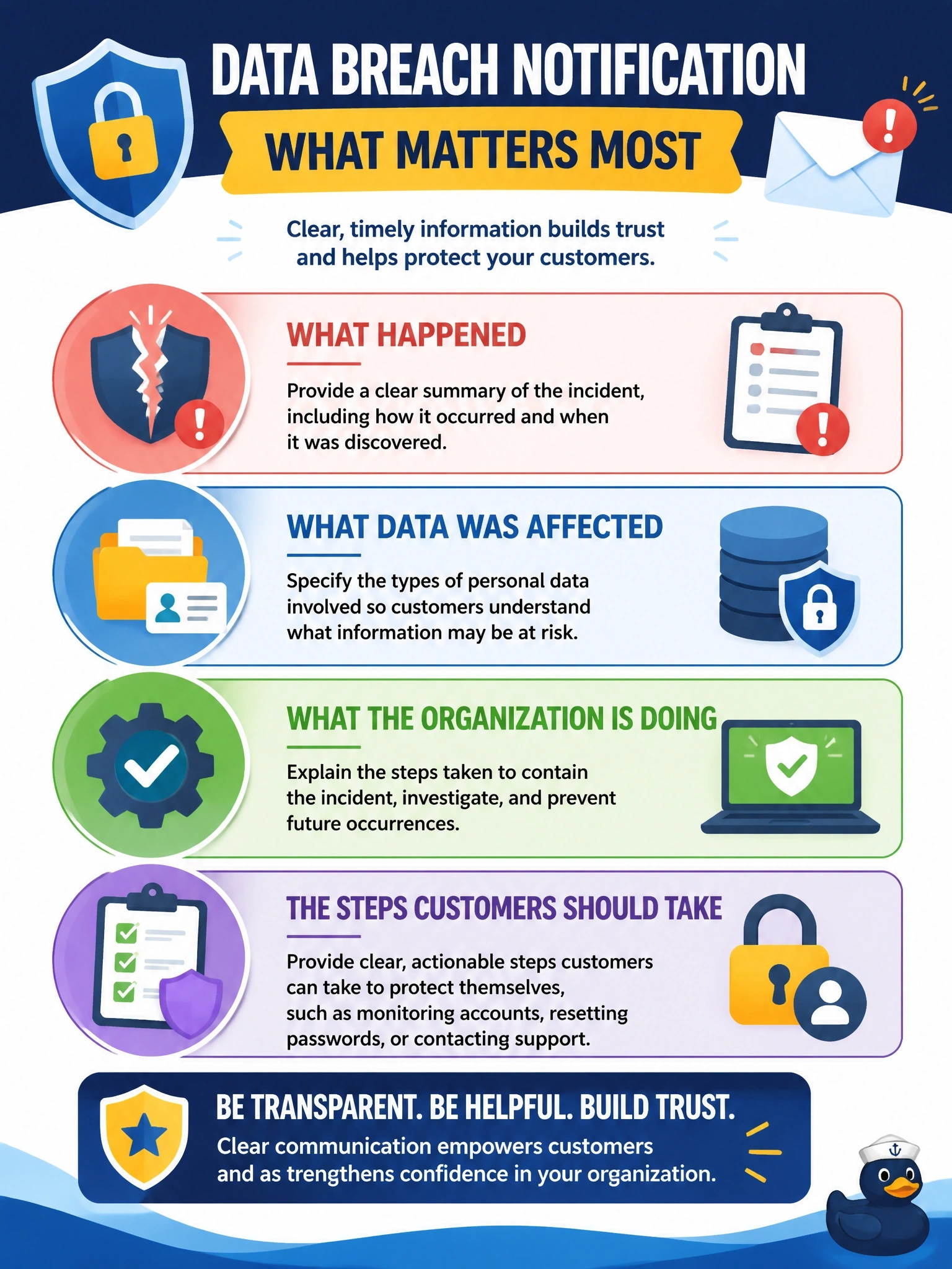 To Create an exciting colorful infographic that explains the concepts in the question: Question: Legal counsel has confirmed that customers must be notified about a breach of their personal data. The security manager is reviewing the draft notification. What content is MOST important to include? Correct Answer: What happened, what data was affected, what the organization is doing and the steps customers should take Put EVERY visible label in double quotes. No people. No A/B/C/D letters. In one of the four corners put a little "Navy Duck".