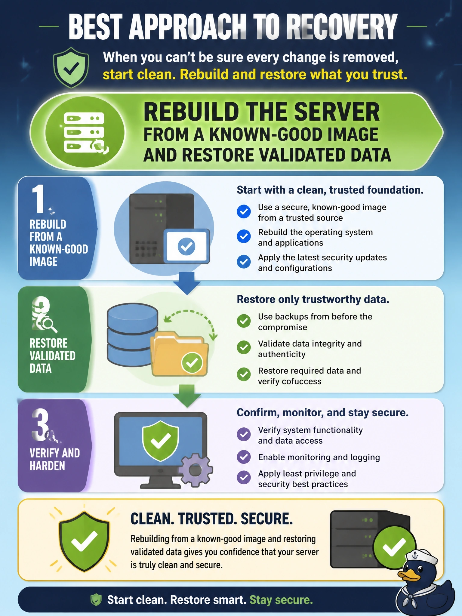 To Create an exciting colorful infographic that explains the concepts in the question: Question: A server compromised by an attacker with administrative rights has been contained. Analysts removed the malware they found, but cannot be certain they found every change the attacker made. What is the BEST approach to recovery? Correct Answer: Rebuild the server from a known-good image and restore validated data Put EVERY visible label in double quotes. No people. No A/B/C/D letters. In one of the four corners put a little "Navy Duck".