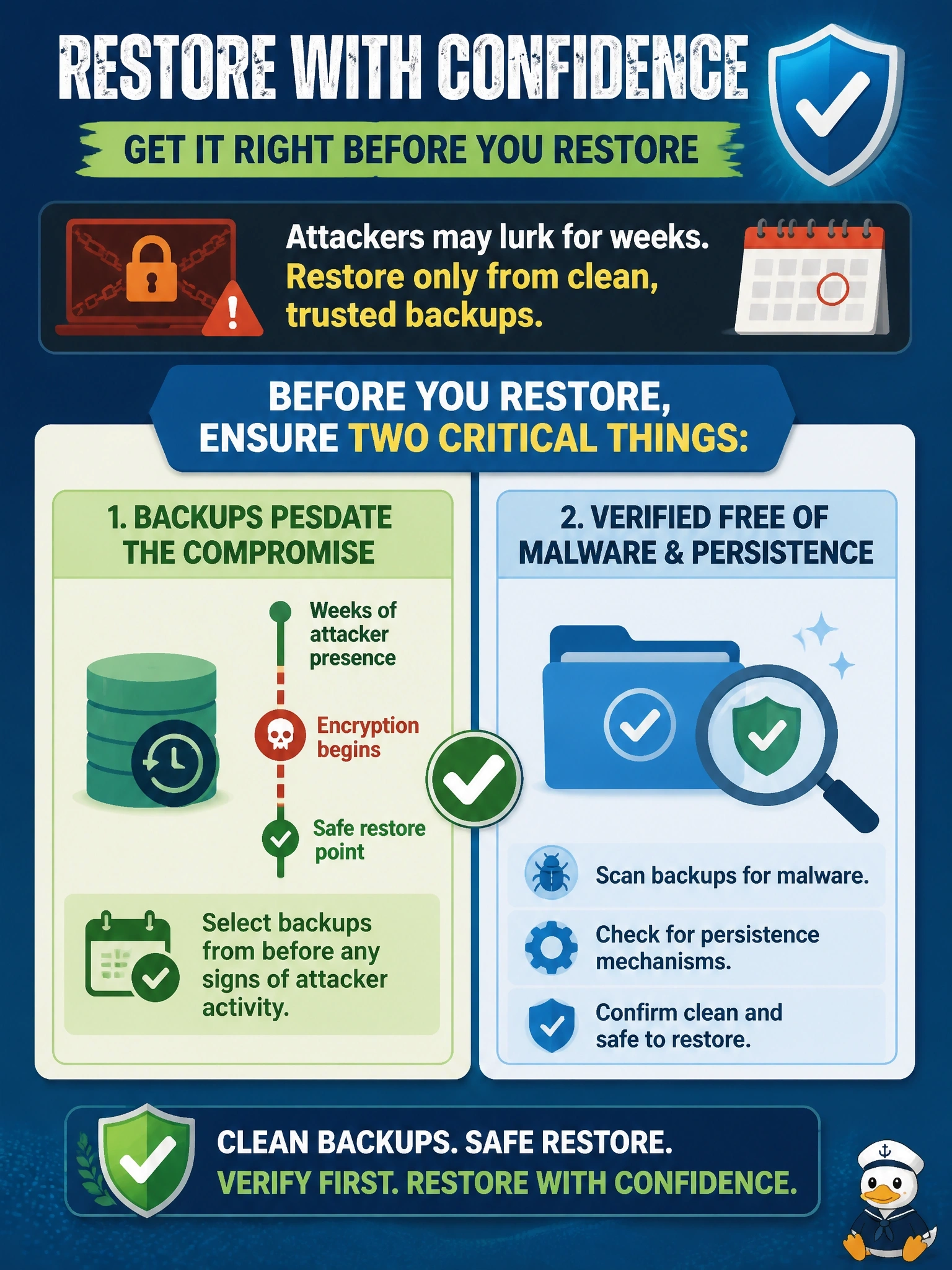 To Create an exciting colorful infographic that explains the concepts in the question: Question: After a ransomware attack, the team is preparing to restore systems from backups. Investigators believe the attacker was present for several weeks before the encryption began. What should the security manager ensure BEFORE restoration? Correct Answer: The backups selected predate the compromise and are verified free of malware and persistence Put EVERY visible label in double quotes. No people. No A/B/C/D letters. In one of the four corners put a little "Navy Duck".