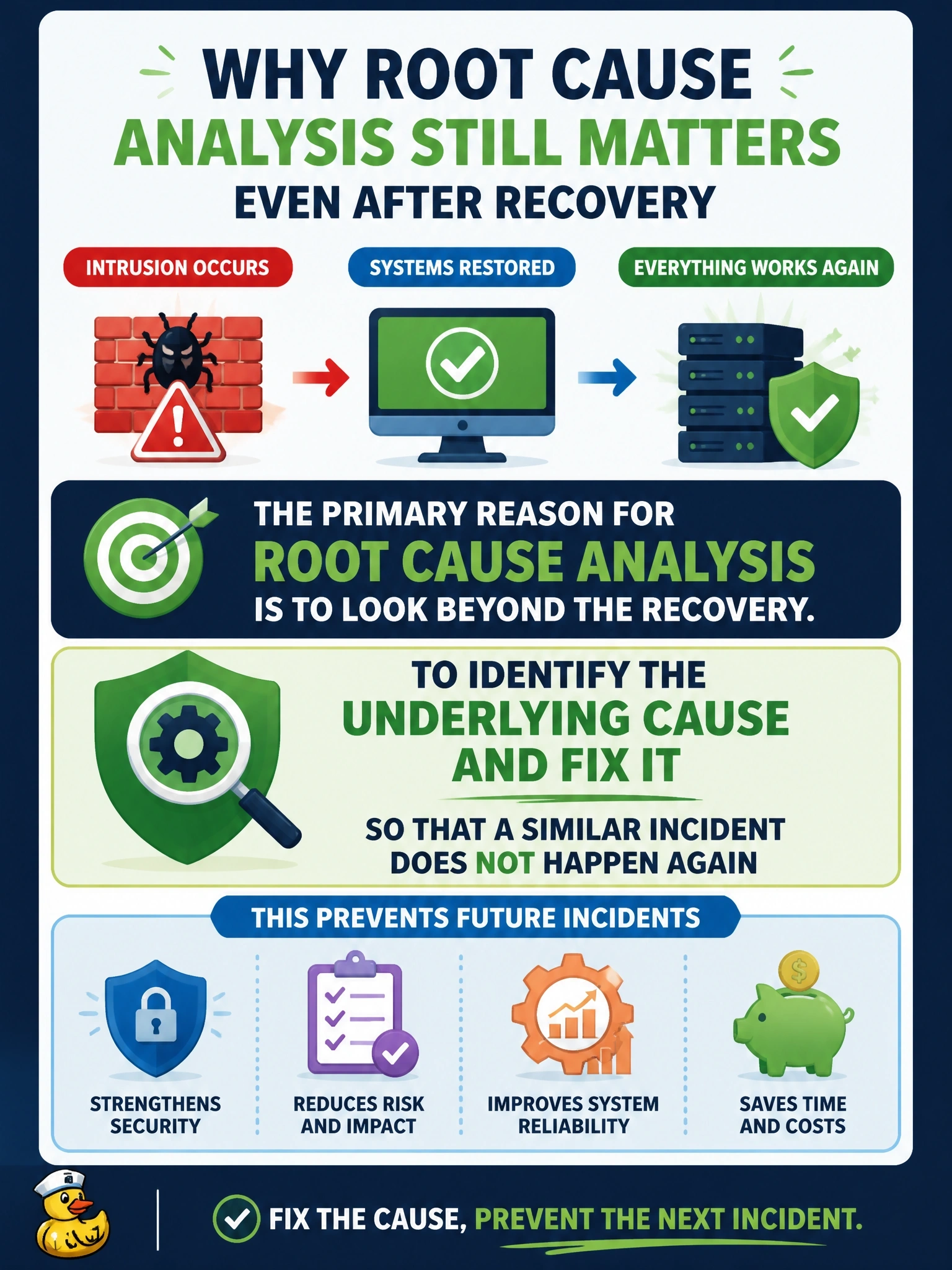 To Create an exciting colorful infographic that explains the concepts in the question: Question: Systems have been restored after an intrusion, and a team member asks why a root cause analysis is still needed, since everything is working again. What is the PRIMARY reason? Correct Answer: To identify the underlying cause and fix it so that a similar incident does not happen again Put EVERY visible label in double quotes. No people. No A/B/C/D letters. In one of the four corners put a little "Navy Duck".