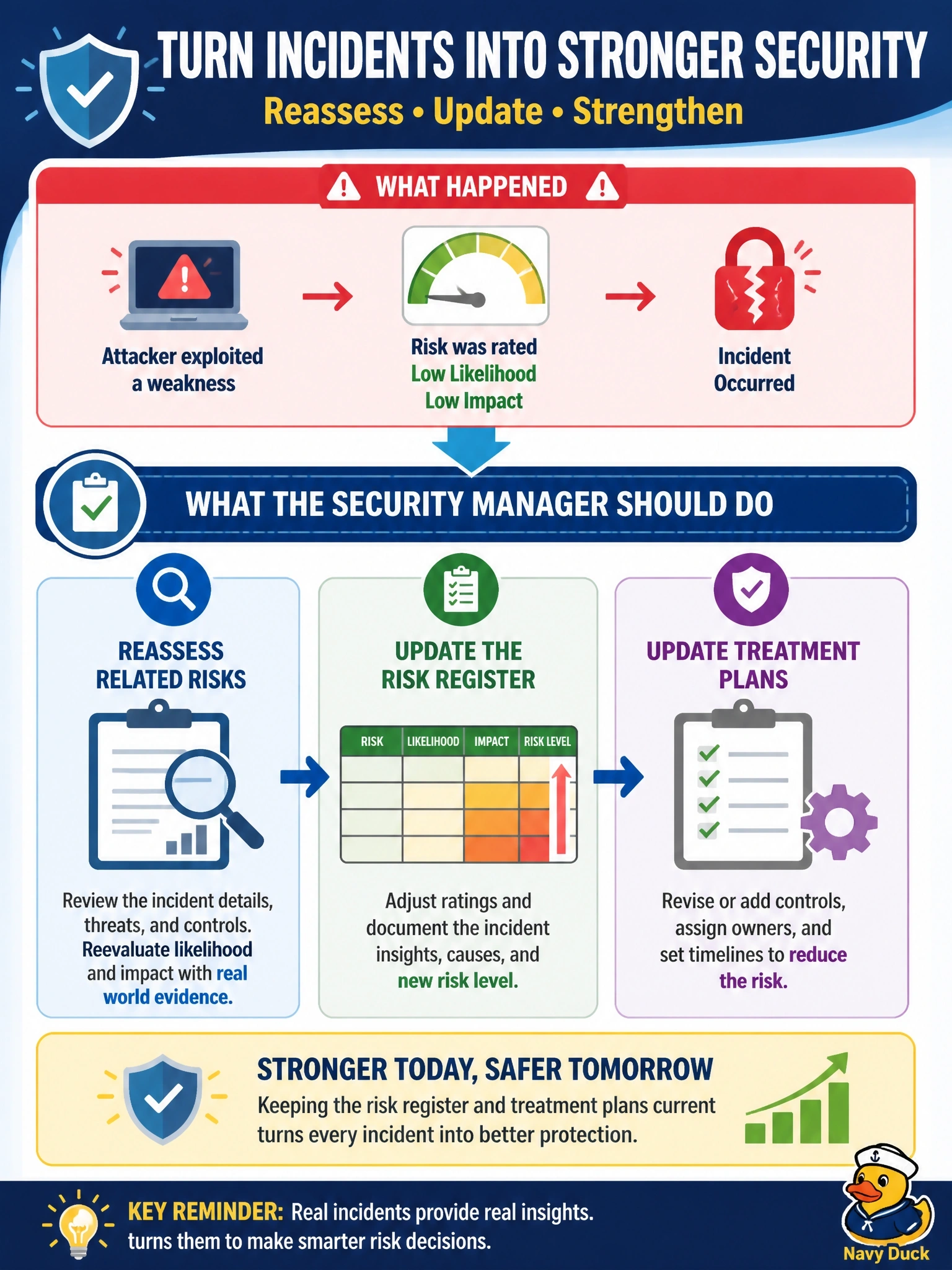 To Create an exciting colorful infographic that explains the concepts in the question: Question: A post-incident review finds that the attacker exploited a weakness that the risk register rated as low likelihood and low impact. What should the security manager do as a result? Correct Answer: Reassess the related risks in light of the incident and update the risk register and treatment plans Put EVERY visible label in double quotes. No people. No A/B/C/D letters. In one of the four corners put a little "Navy Duck".