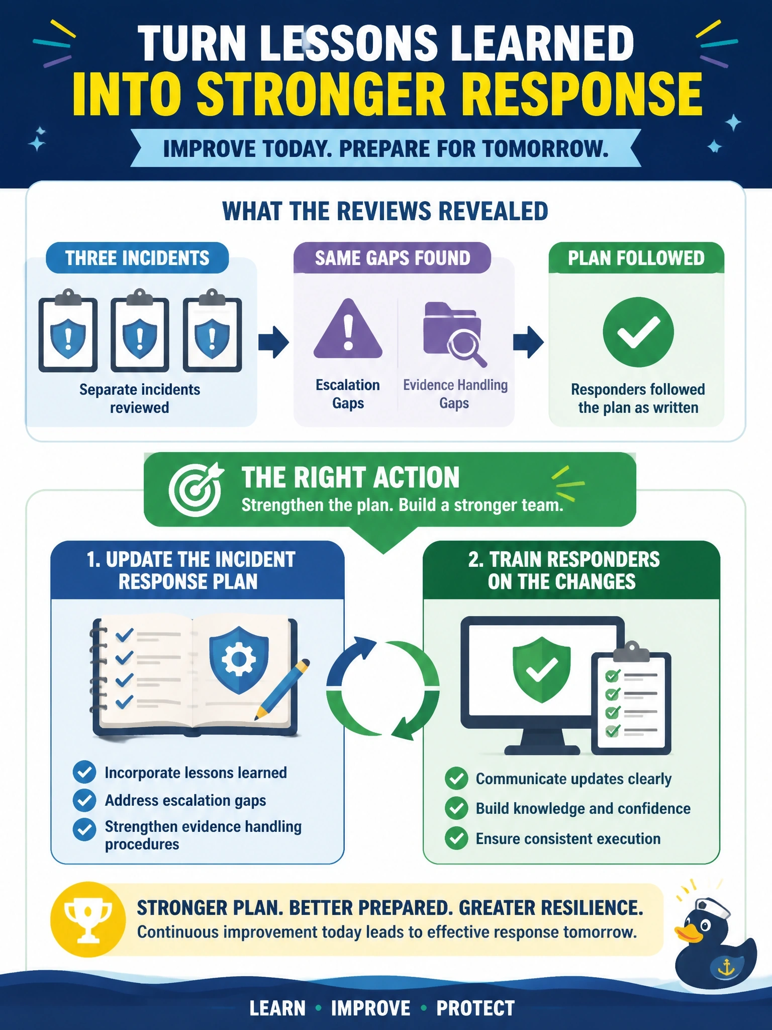 To Create an exciting colorful infographic that explains the concepts in the question: Question: Post-incident reviews for three separate incidents identified the same gaps in escalation and evidence handling, and each time responders followed the incident response plan as written. What should the security manager do? Correct Answer: Update the incident response plan based on the lessons learned and train responders on the changes Put EVERY visible label in double quotes. No people. No A/B/C/D letters. In one of the four corners put a little "Navy Duck".