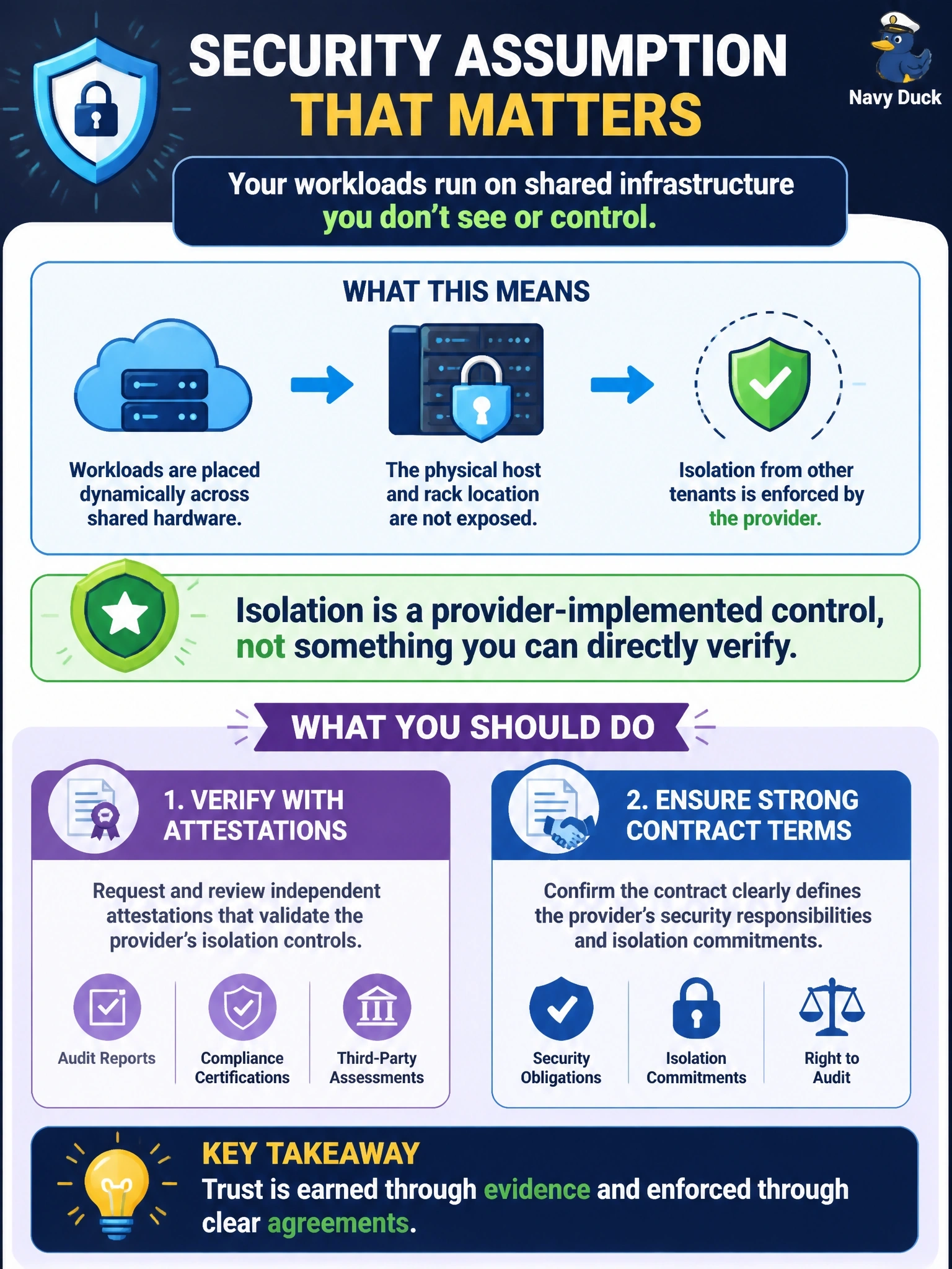 To Create an exciting colorful infographic that explains the concepts in the question: Question: During due diligence, a customer asks a public cloud provider to name the physical host and rack that run its virtual machines. The provider replies that workloads are placed dynamically across shared hardware and that the location is not exposed. What does this most directly imply for the customer's security assumptions? Correct Answer: Isolation from other tenants is a provider-implemented control, so the customer must verify it through attestations and contract terms Put EVERY visible label in double quotes. No people. No A/B/C/D letters. In one of the four corners put a little "Navy Duck".