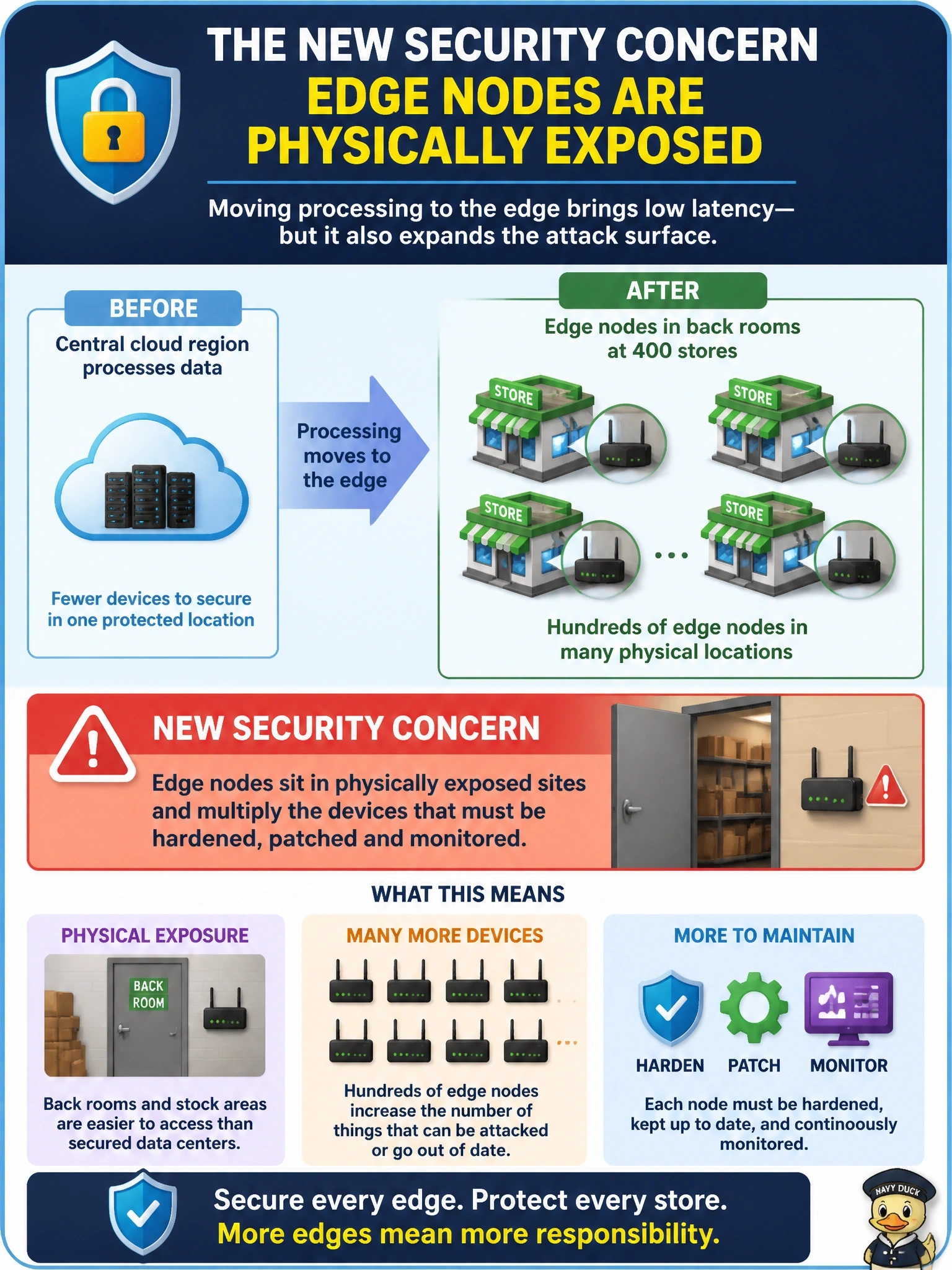 To Create an exciting colorful infographic that explains the concepts in the question: Question: A retailer moves IoT data processing from a central cloud region to small edge nodes installed in back rooms at four hundred stores, so that inventory sensors can be analyzed locally with low latency. Which new security concern does this design most directly introduce? Correct Answer: Edge nodes sit in physically exposed sites and multiply the devices that must be hardened, patched and monitored Put EVERY visible label in double quotes. No people. No A/B/C/D letters. In one of the four corners put a little "Navy Duck".
