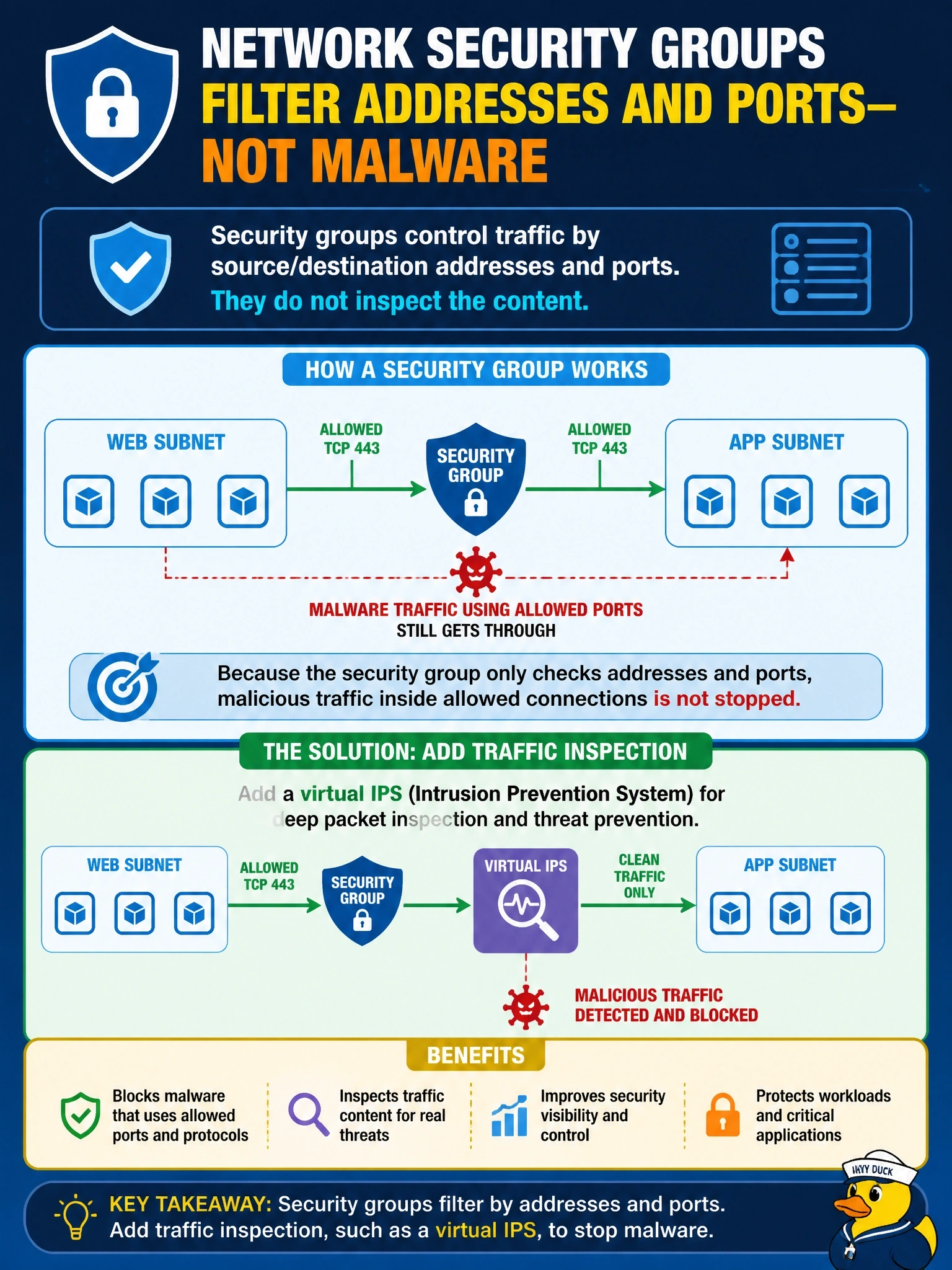 To Create an exciting colorful infographic that explains the concepts in the question: Question: An application team assumes that the network security group protecting its web and application subnets will detect and stop malware moving between workloads inside allowed connections. Which statement correctly addresses that assumption? Correct Answer: It needs added traffic inspection, such as a virtual IPS, since the group filters only on addresses and ports Put EVERY visible label in double quotes. No people. No A/B/C/D letters. In one of the four corners put a little "Navy Duck".