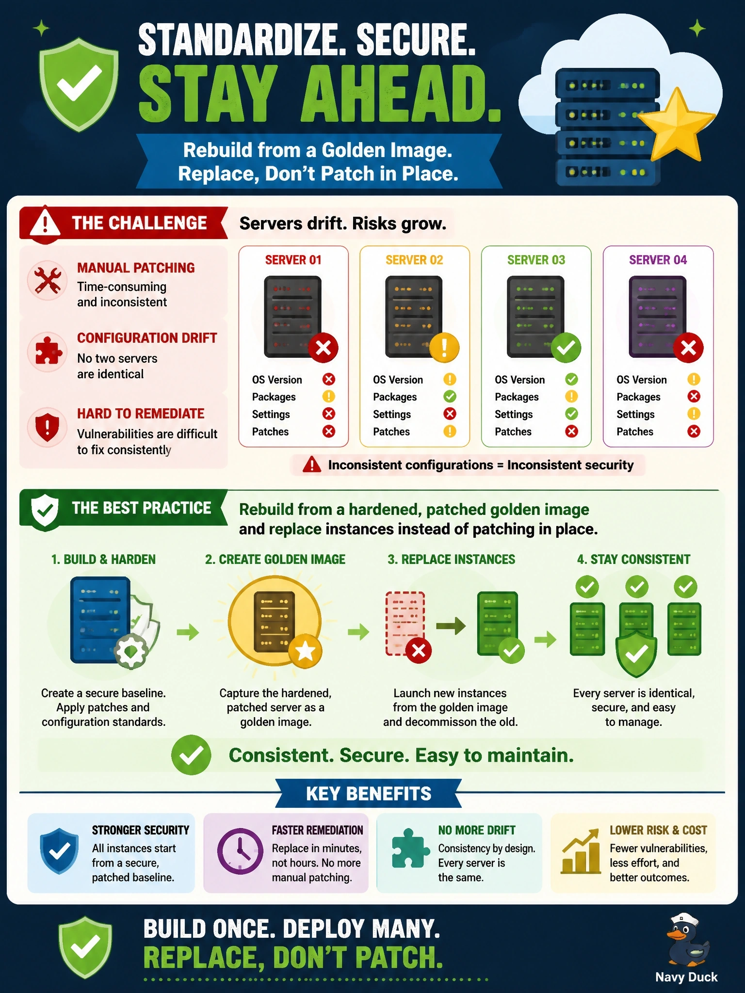 To Create an exciting colorful infographic that explains the concepts in the question: Question: An operations team patches a fleet of long-running cloud servers by hand. Over time their configurations have drifted apart, and no two servers are identical, which makes vulnerability findings hard to remediate consistently. Which practice best addresses this? Correct Answer: Rebuild servers from a hardened, patched golden image and replace instances instead of patching in place Put EVERY visible label in double quotes. No people. No A/B/C/D letters. In one of the four corners put a little "Navy Duck".